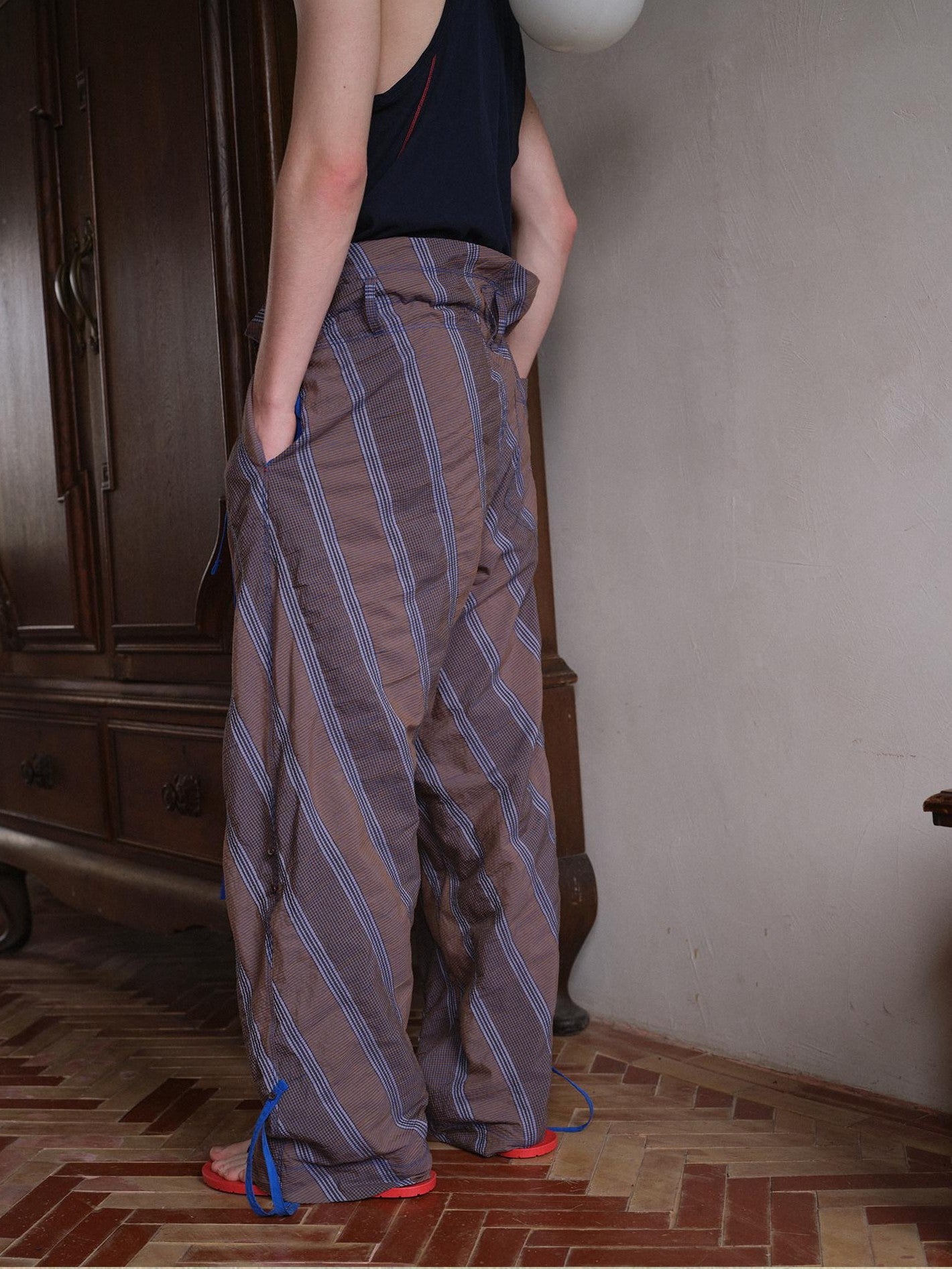 soknot Gray Orange Diagonal Stripe Contrast Turnover Waist Men's Cupro Drawstring Pants