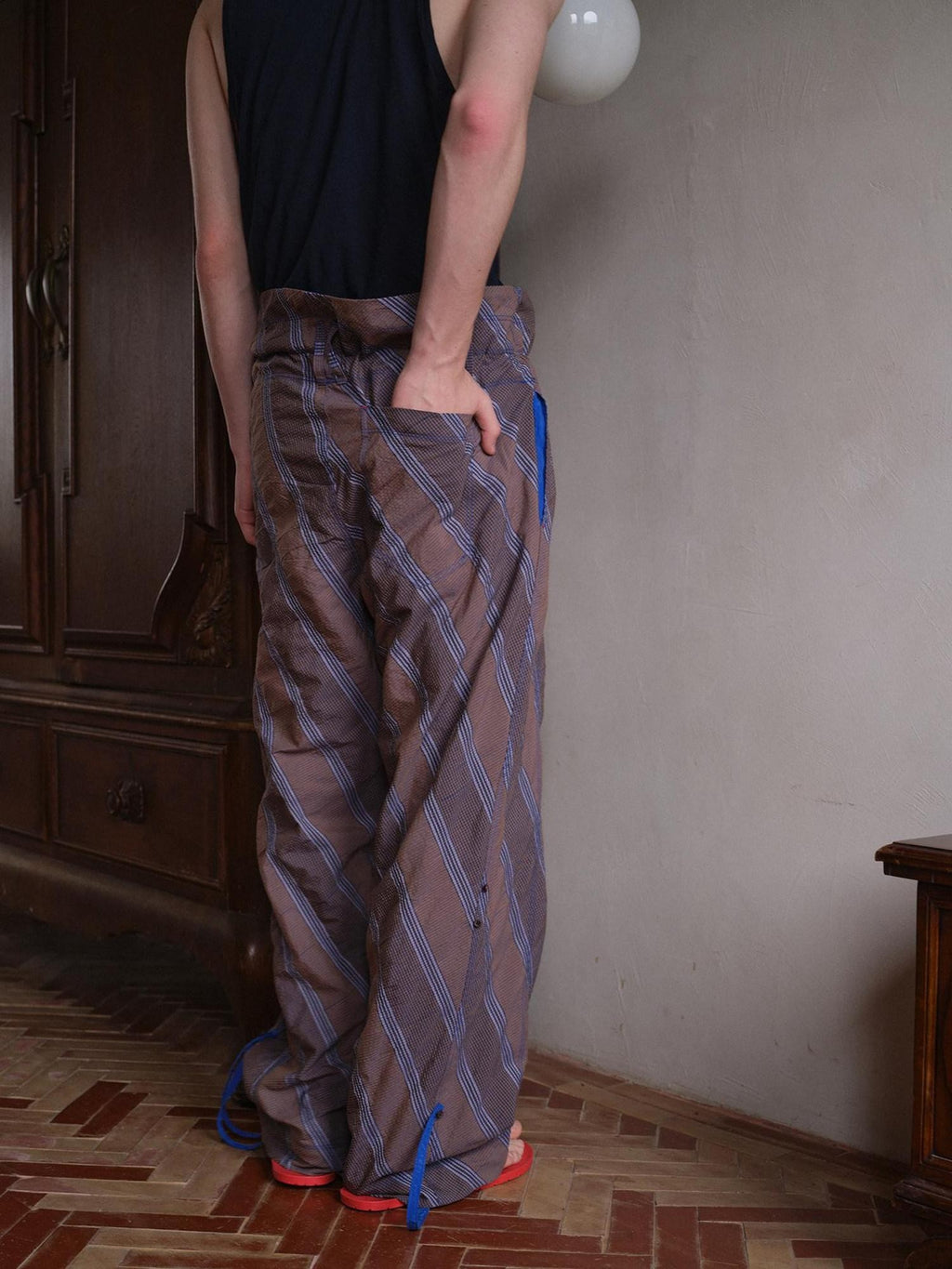 soknot Gray Orange Diagonal Stripe Contrast Turnover Waist Men's Cupro Drawstring Pants