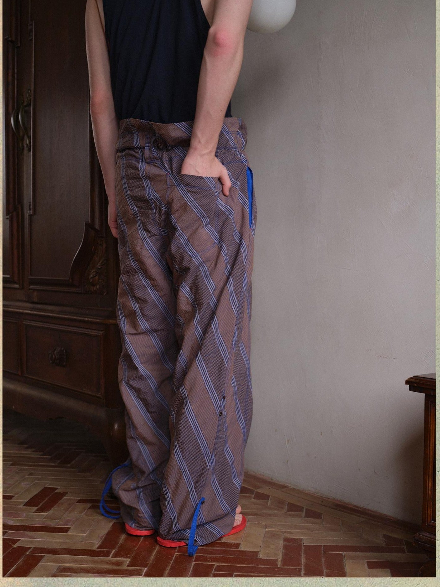 soknot Gray Orange Diagonal Stripe Contrast Turnover Waist Men's Cupro Drawstring Pants