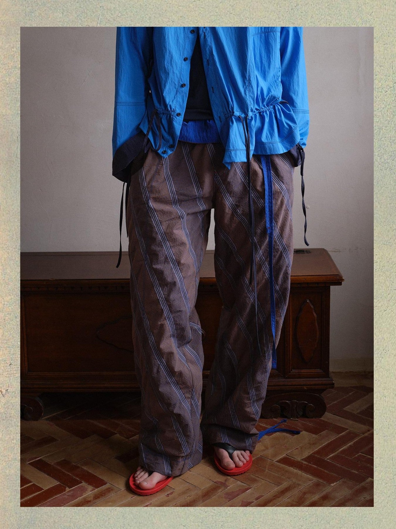 soknot Gray Orange Diagonal Stripe Contrast Turnover Waist Men's Cupro Drawstring Pants