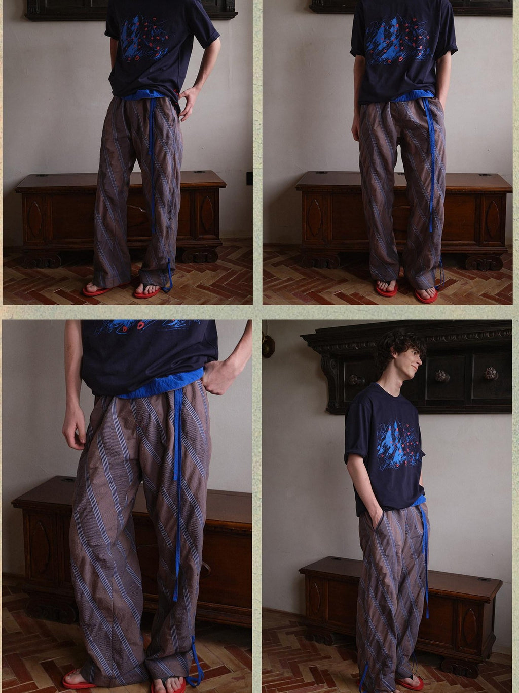 soknot Gray Orange Diagonal Stripe Contrast Turnover Waist Men's Cupro Drawstring Pants