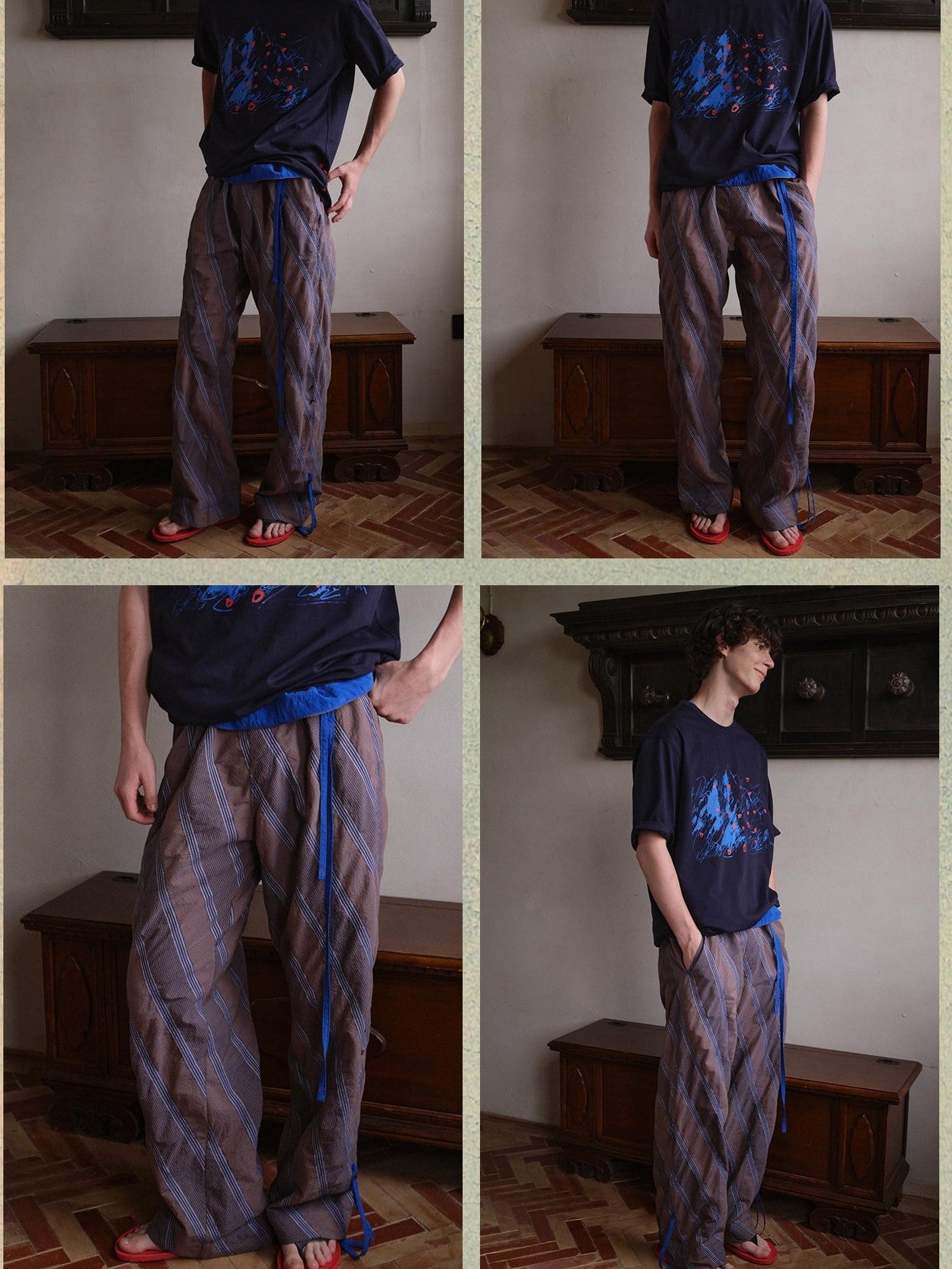 soknot Gray Orange Diagonal Stripe Contrast Turnover Waist Men's Cupro Drawstring Pants