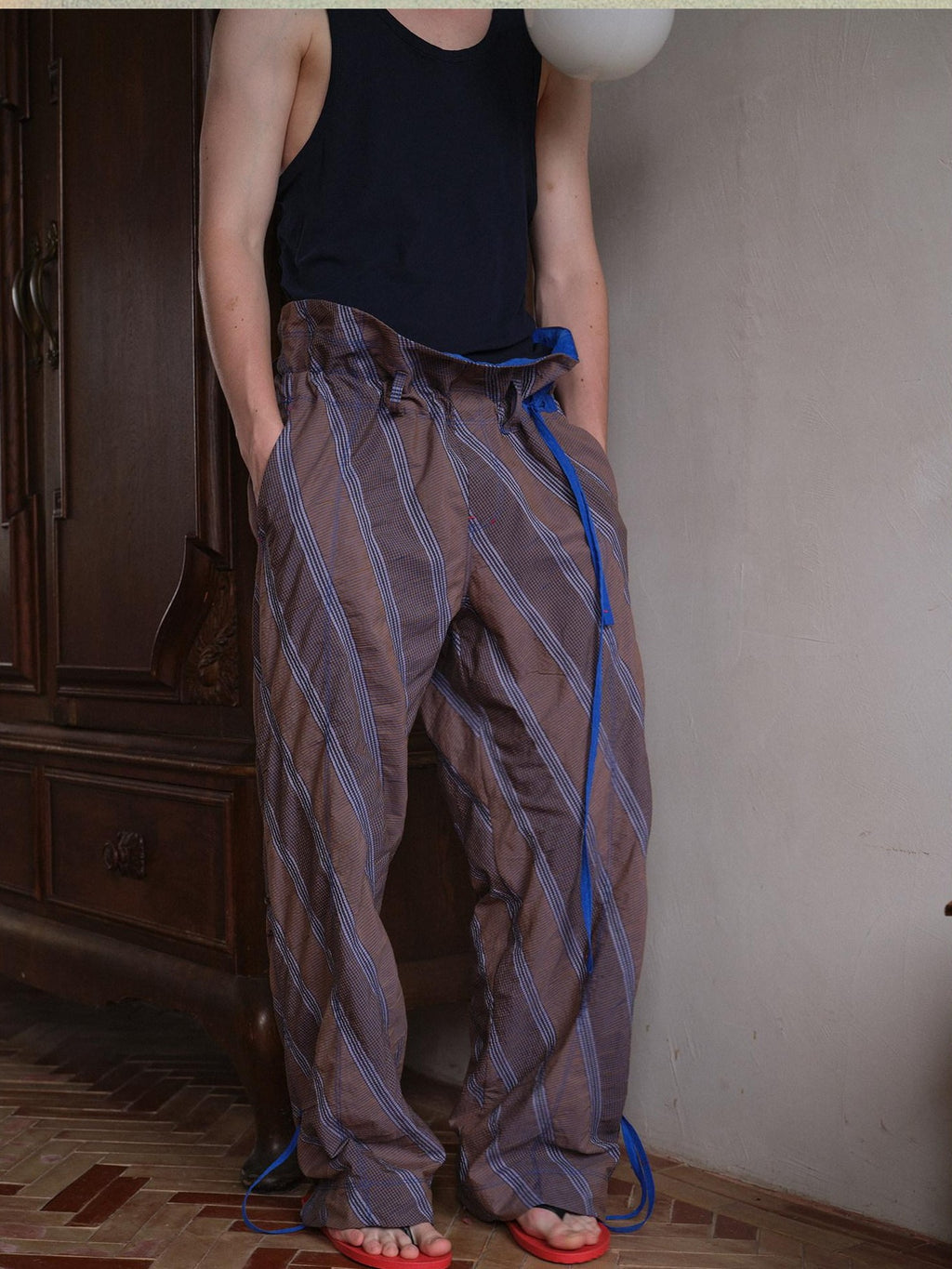 soknot Gray Orange Diagonal Stripe Contrast Turnover Waist Men's Cupro Drawstring Pants