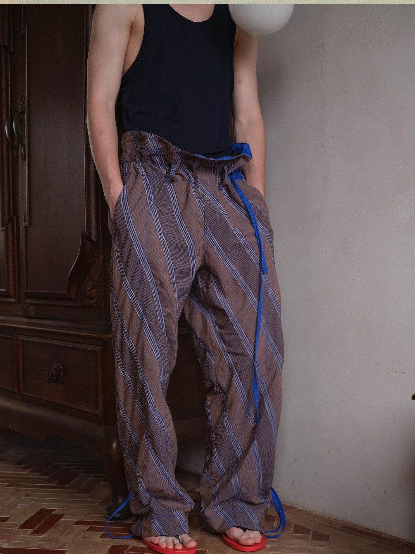 soknot Gray Orange Diagonal Stripe Contrast Turnover Waist Men's Cupro Drawstring Pants