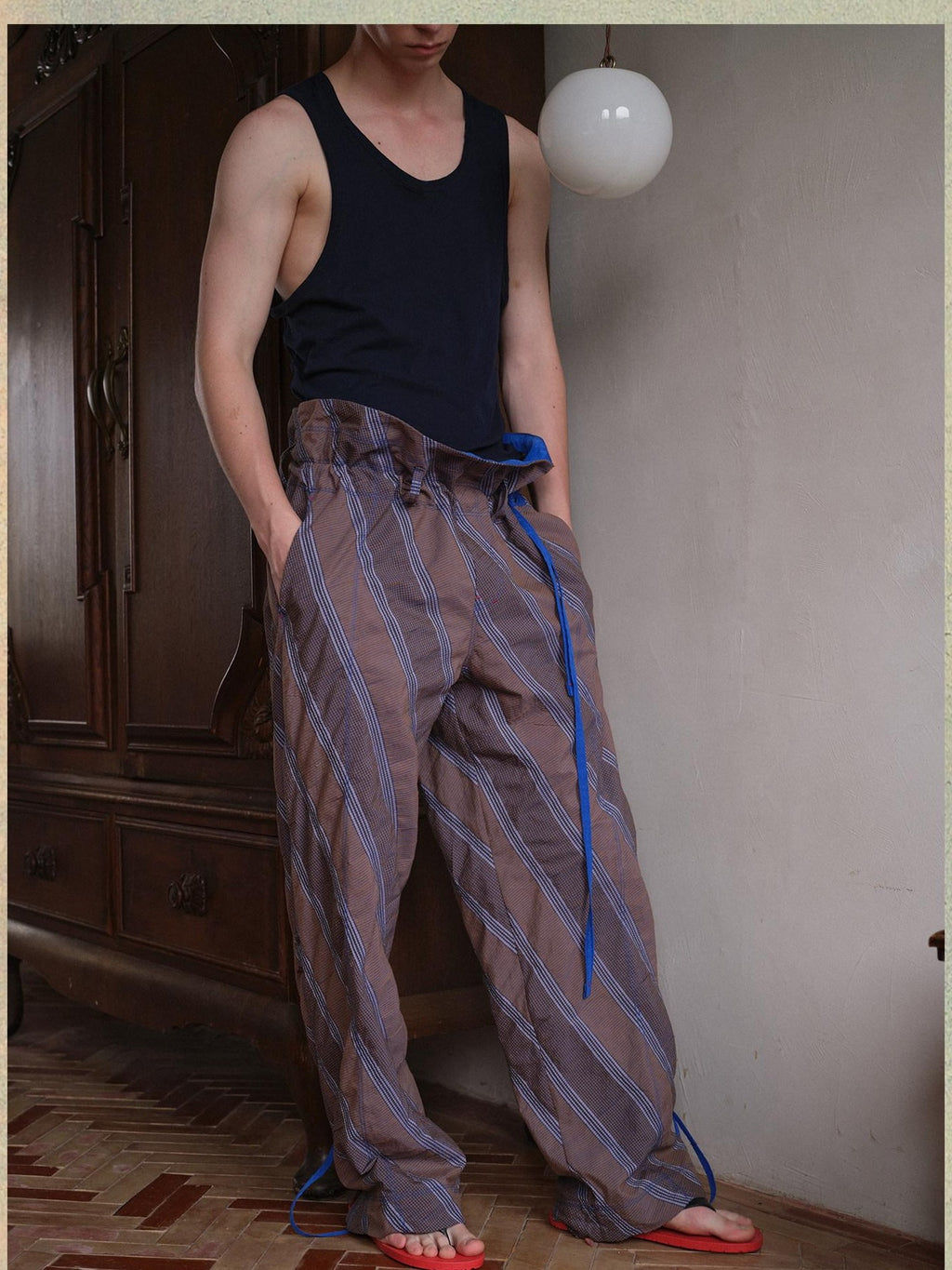 soknot Gray Orange Diagonal Stripe Contrast Turnover Waist Men's Cupro Drawstring Pants