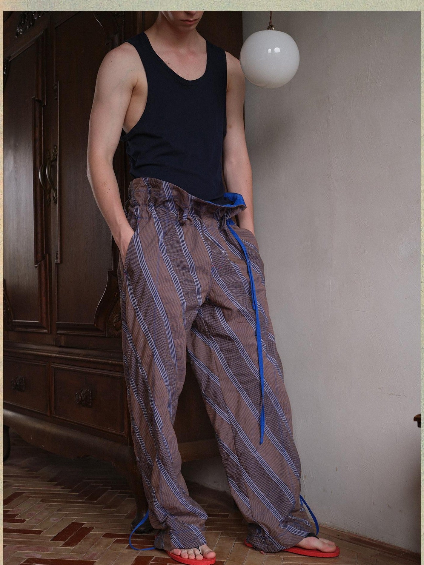 soknot Gray Orange Diagonal Stripe Contrast Turnover Waist Men's Cupro Drawstring Pants
