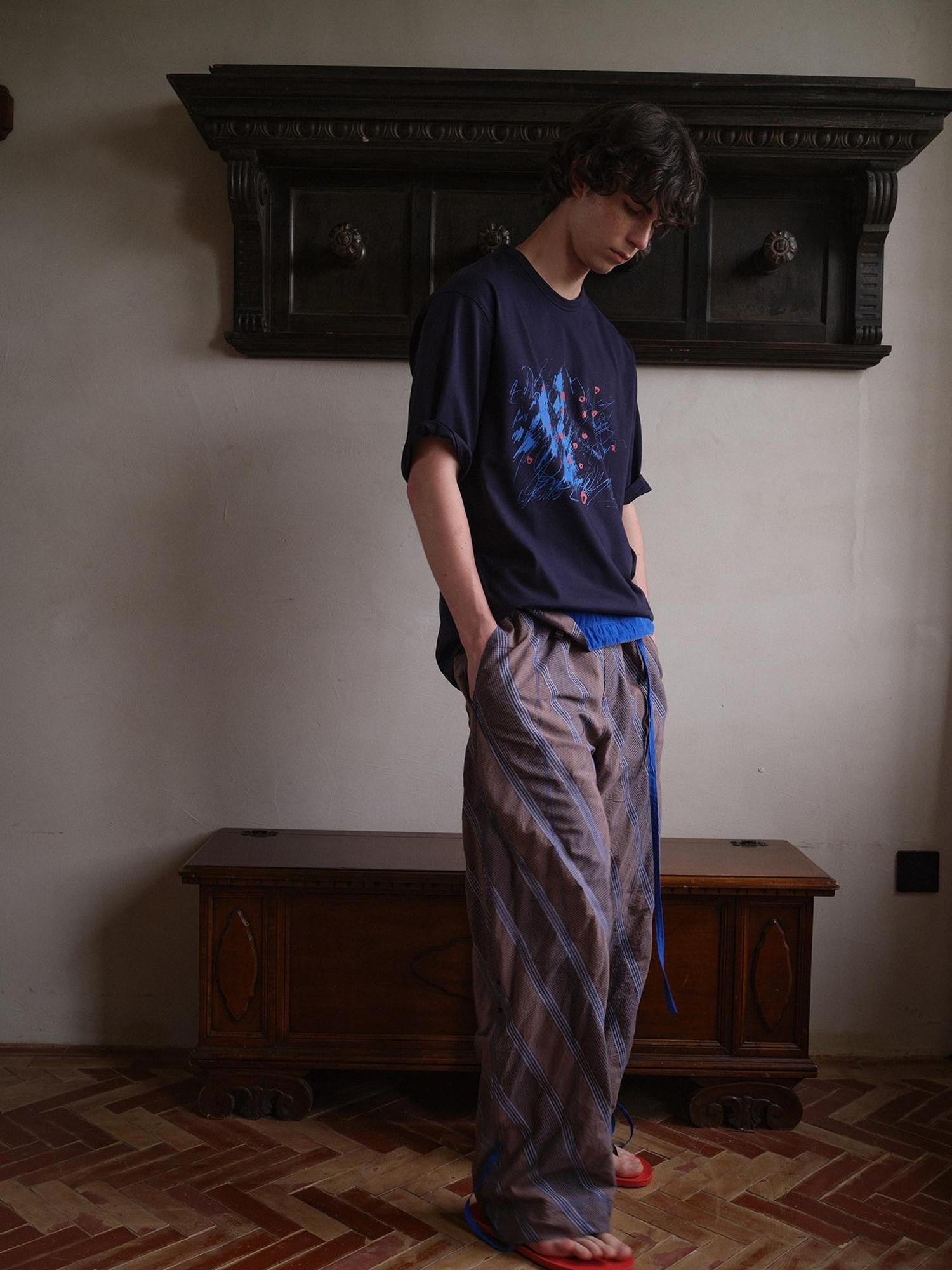soknot Gray Orange Diagonal Stripe Contrast Turnover Waist Men's Cupro Drawstring Pants