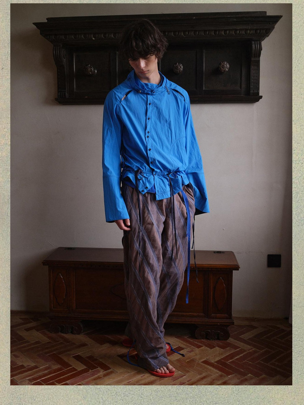 soknot Gray Orange Diagonal Stripe Contrast Turnover Waist Men's Cupro Drawstring Pants