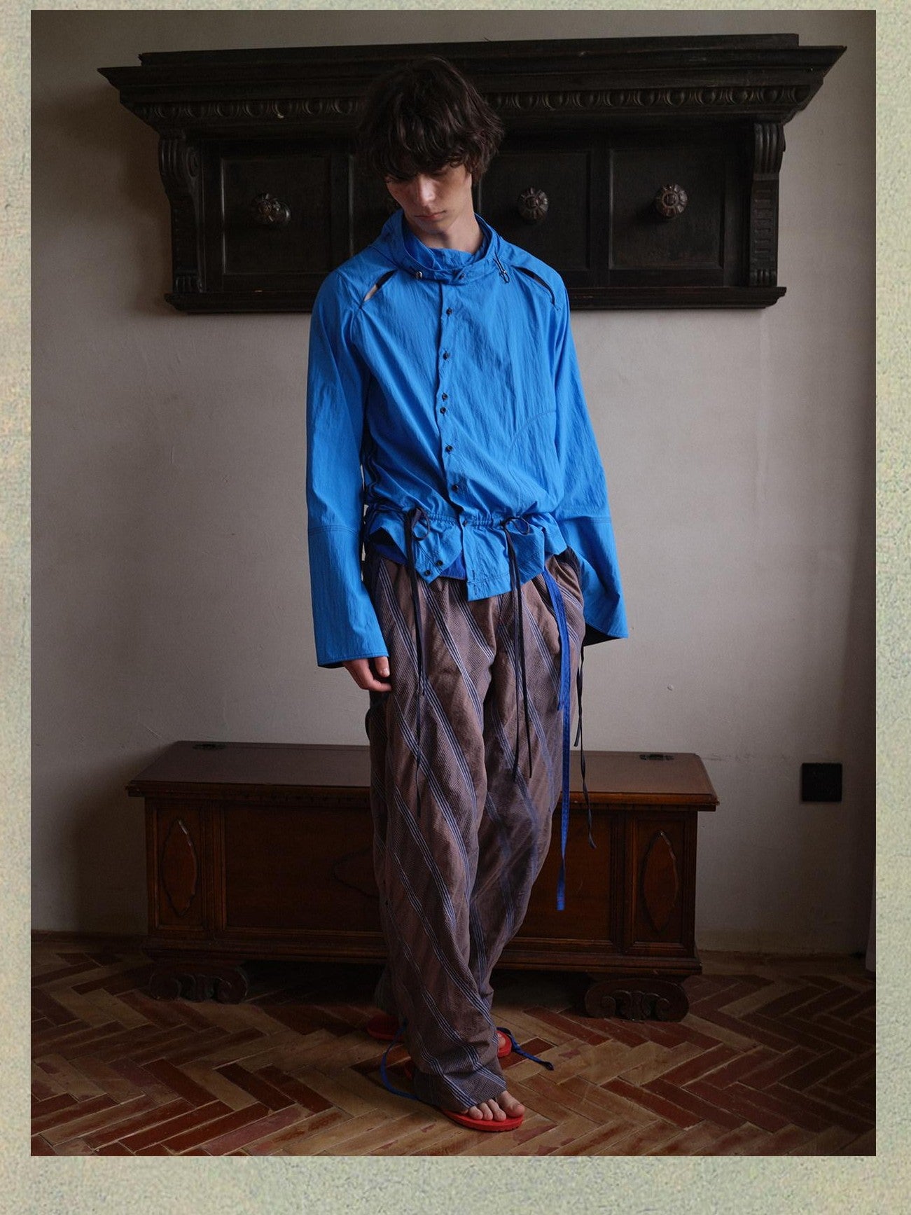 soknot Gray Orange Diagonal Stripe Contrast Turnover Waist Men's Cupro Drawstring Pants