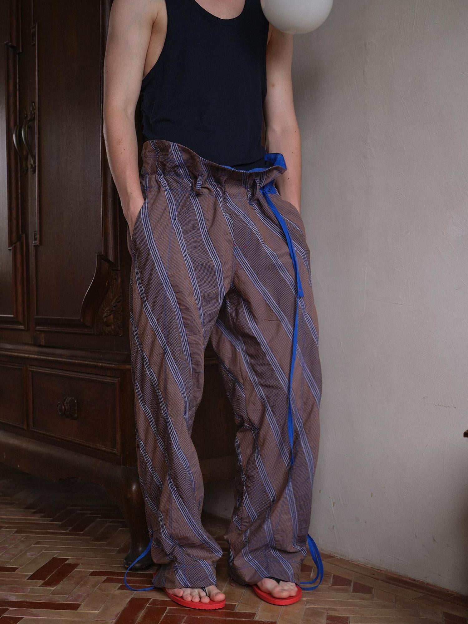 soknot Gray Orange Diagonal Stripe Contrast Turnover Waist Men's Cupro Drawstring Pants