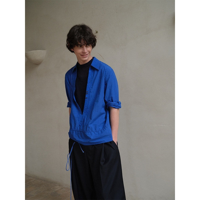 soknot_Indigo_Deep_V-neck_Short_Sleeve_Loose_Fit_Designer_Men's_Casual_Shirts_MISSTT