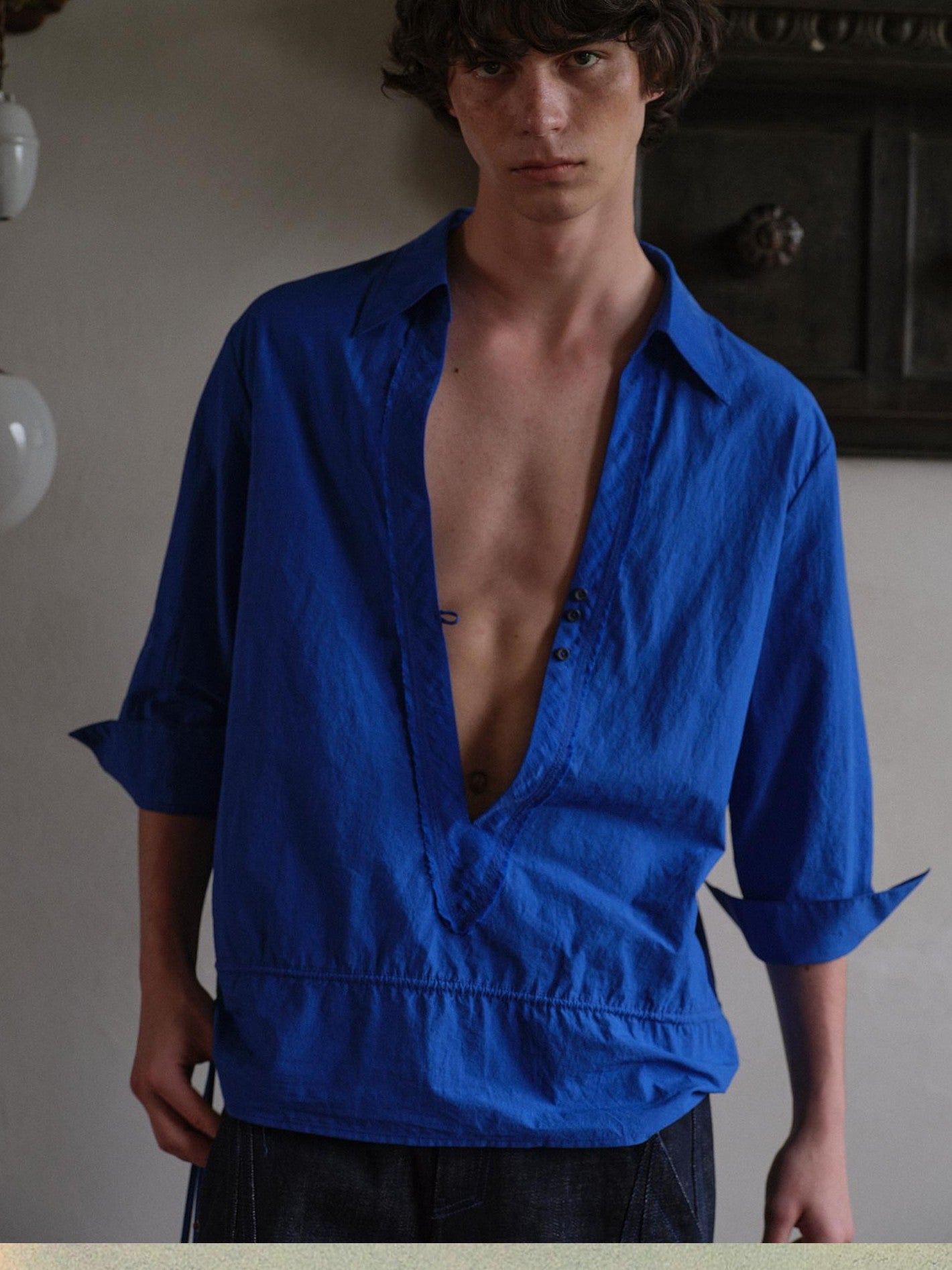 soknot Indigo Deep V-neck Short Sleeve Loose Fit Designer Men's Casual Shirts