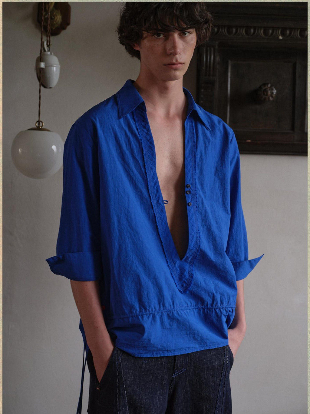 soknot Indigo Deep V-neck Short Sleeve Loose Fit Designer Men's Casual Shirts