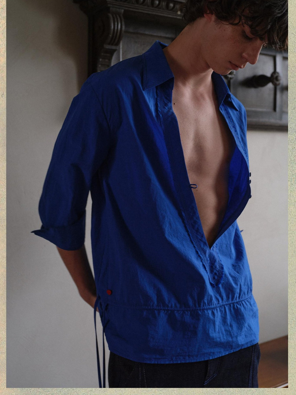 soknot Indigo Deep V-neck Short Sleeve Loose Fit Designer Men's Casual Shirts