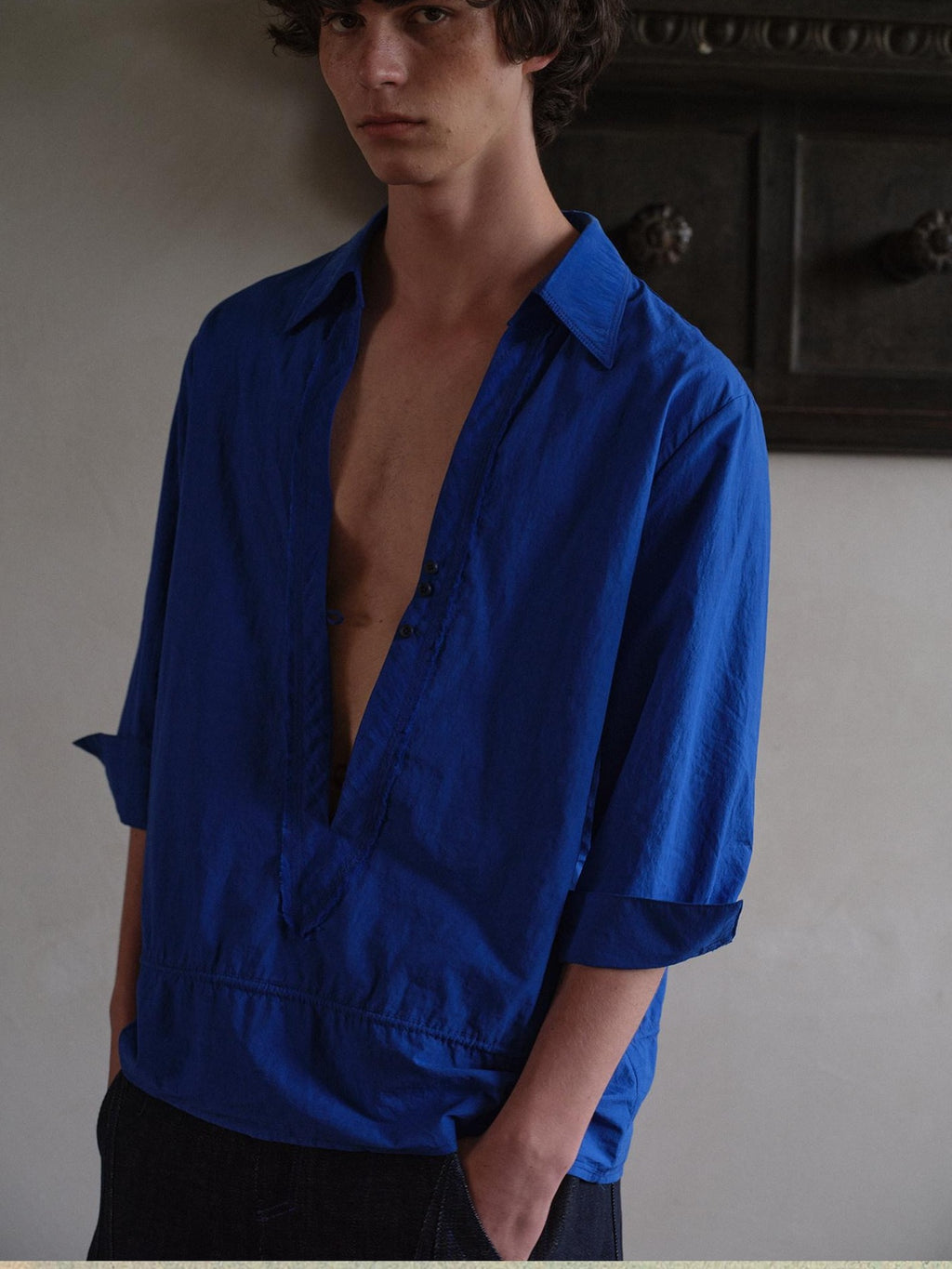soknot Indigo Deep V-neck Short Sleeve Loose Fit Designer Men's Casual Shirts