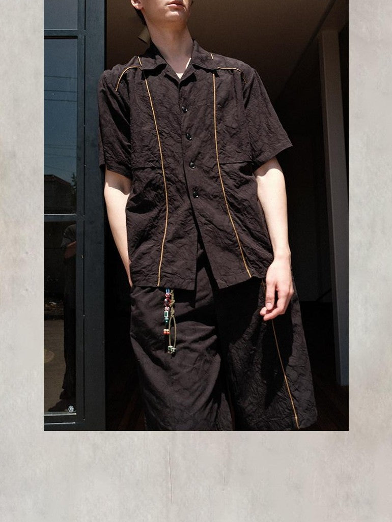 soknot Matte Black Jacquard Cuban Collar Loose Fit Men's Cotton Blend Linen Shirts