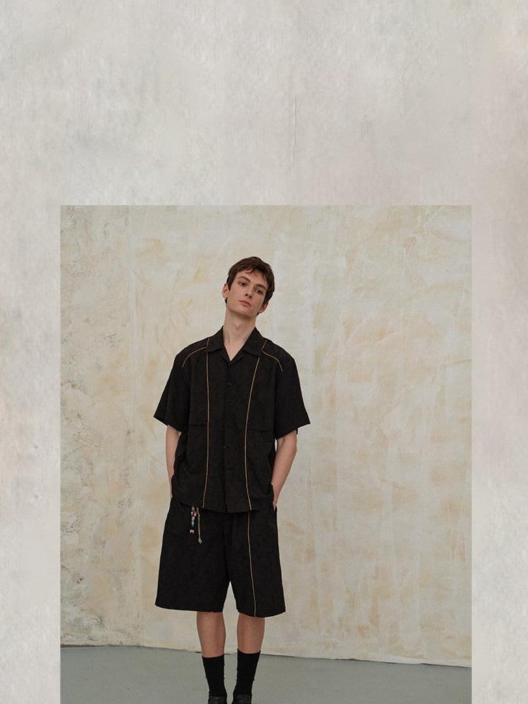 soknot Matte Black Jacquard Cuban Collar Loose Fit Men's Cotton Blend Linen Shirts