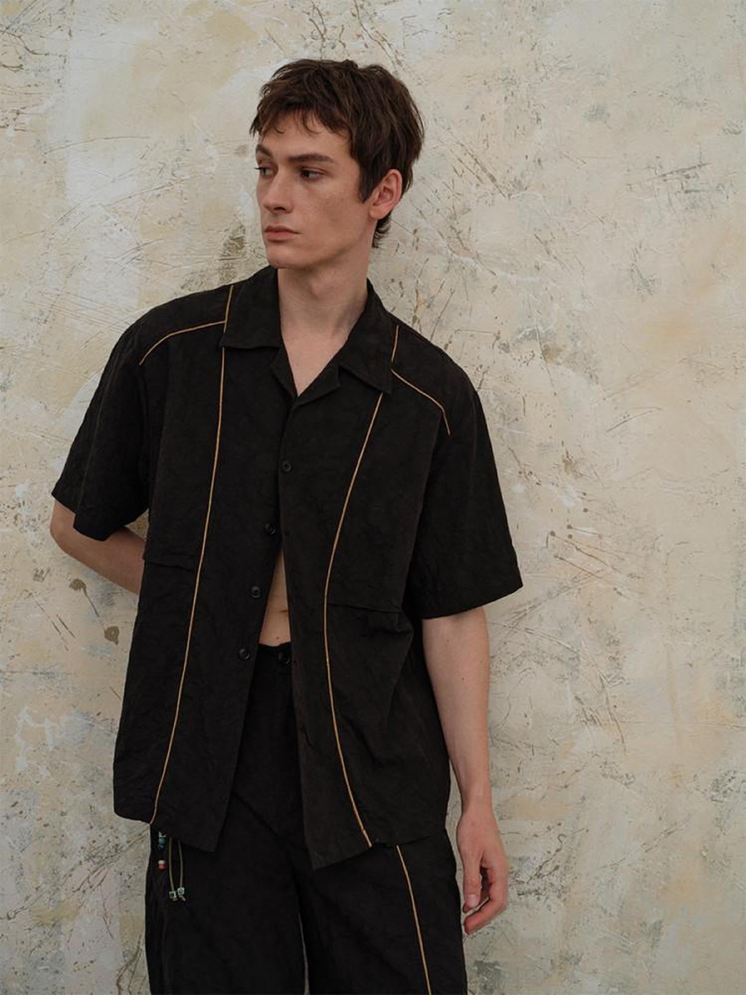soknot Matte Black Jacquard Cuban Collar Loose Fit Men's Cotton Blend Linen Shirts