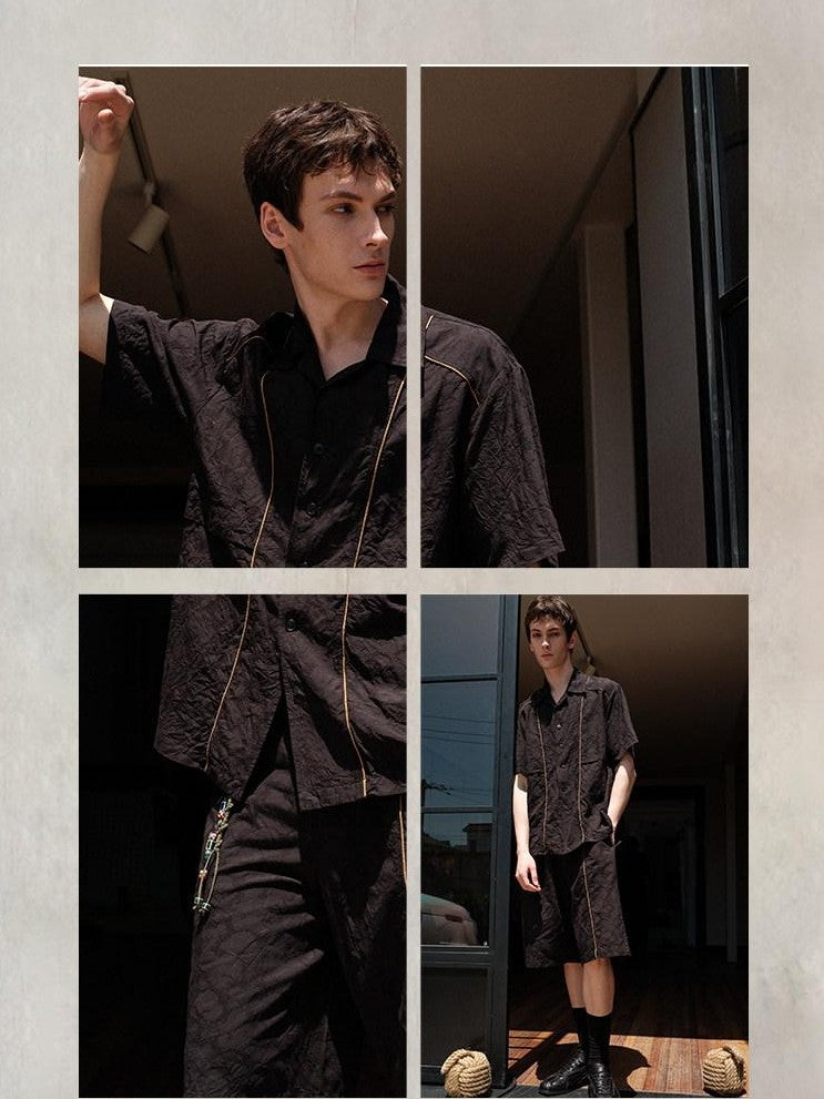 soknot Matte Black Jacquard Cuban Collar Loose Fit Men's Cotton Blend Linen Shirts