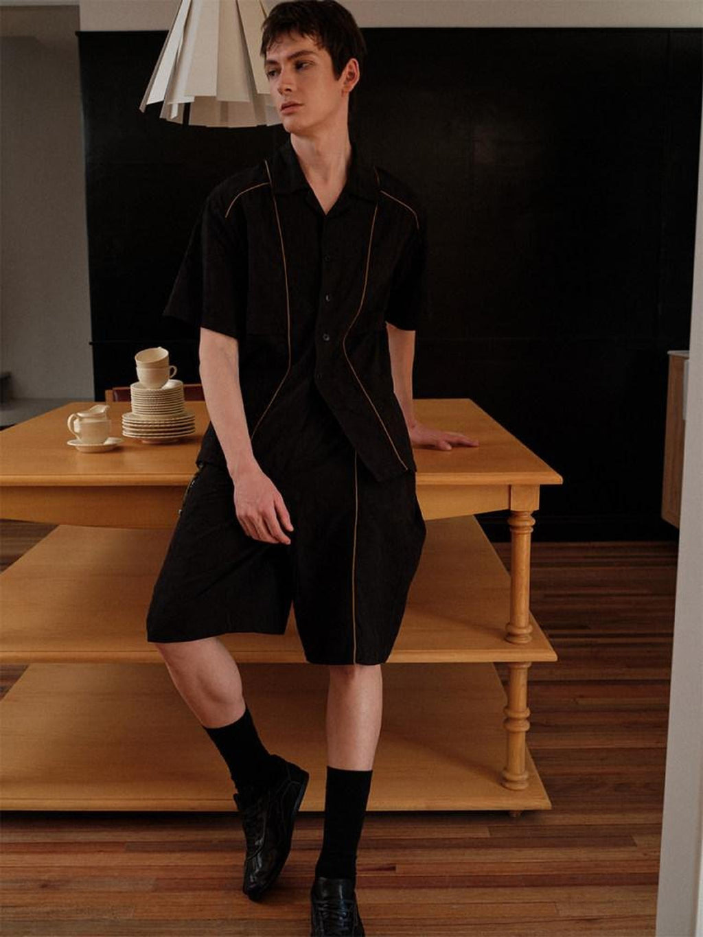 soknot Matte Black Jacquard Cuban Collar Loose Fit Men's Cotton Blend Linen Shirts