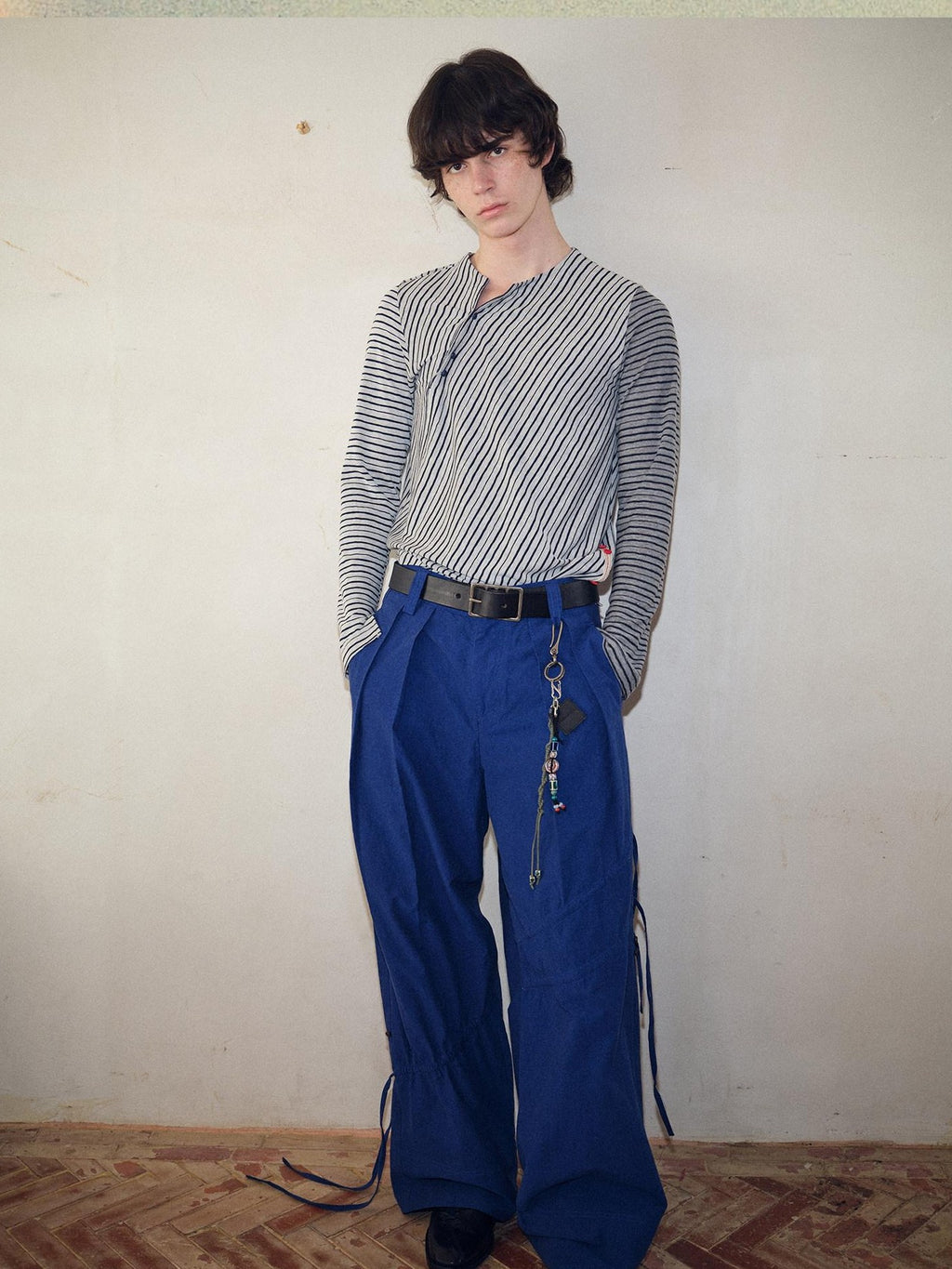 soknot Navy Blue Horizontal Stripe Asymmetric Placket Men's Long Sleeve T-shirts