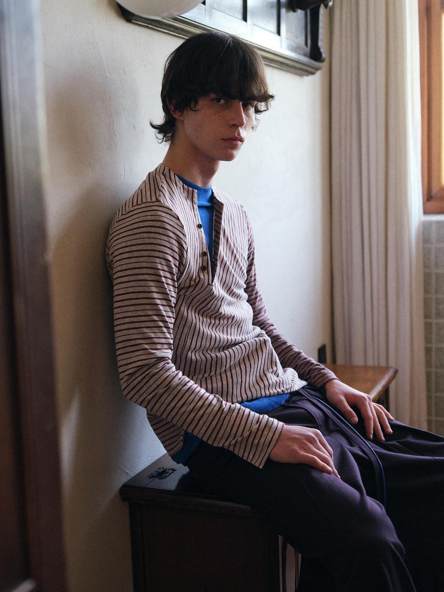 soknot Navy Blue Horizontal Stripe Asymmetric Placket Men's Long Sleeve T-shirts