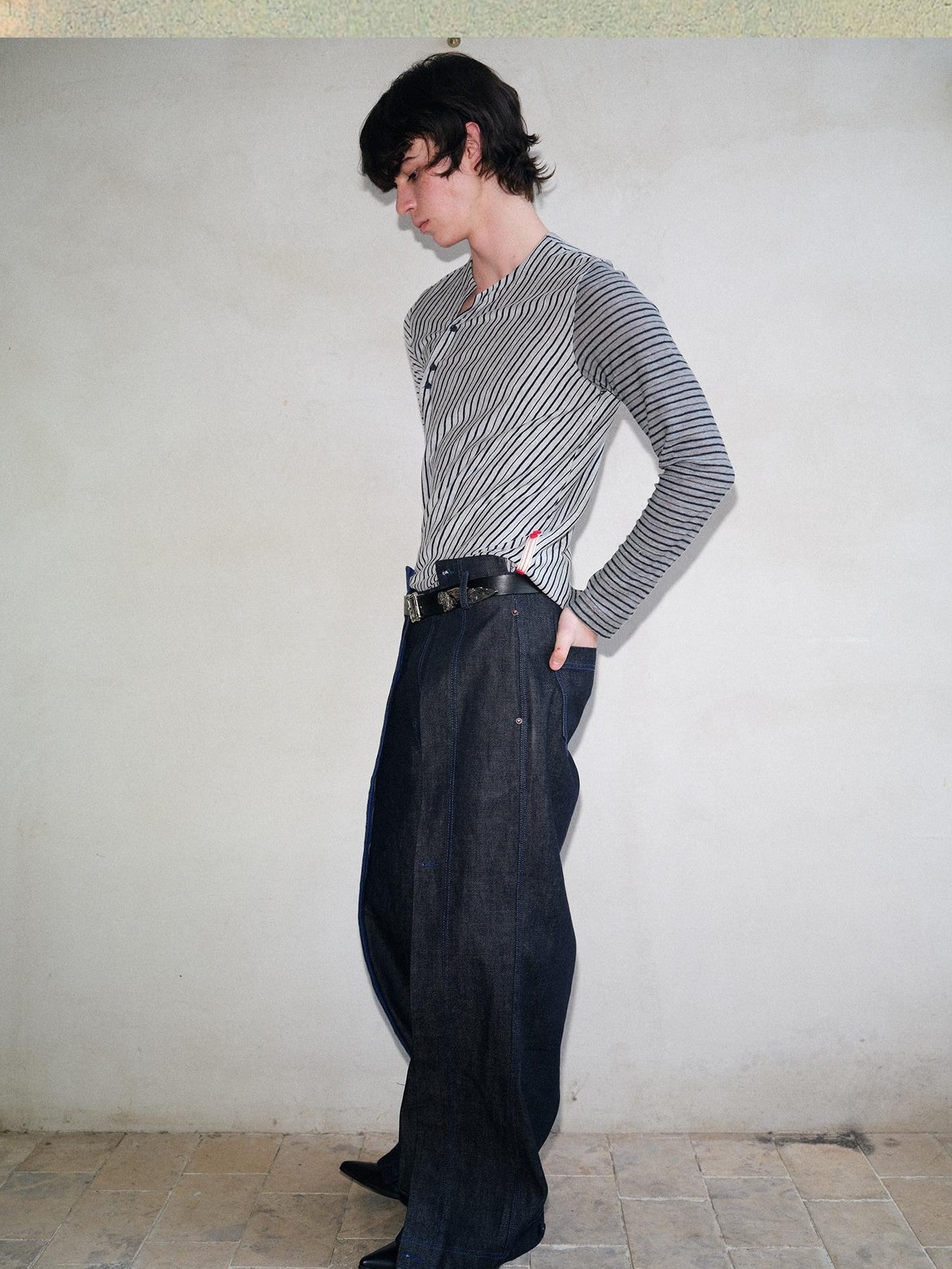 soknot Navy Blue Horizontal Stripe Asymmetric Placket Men's Long Sleeve T-shirts