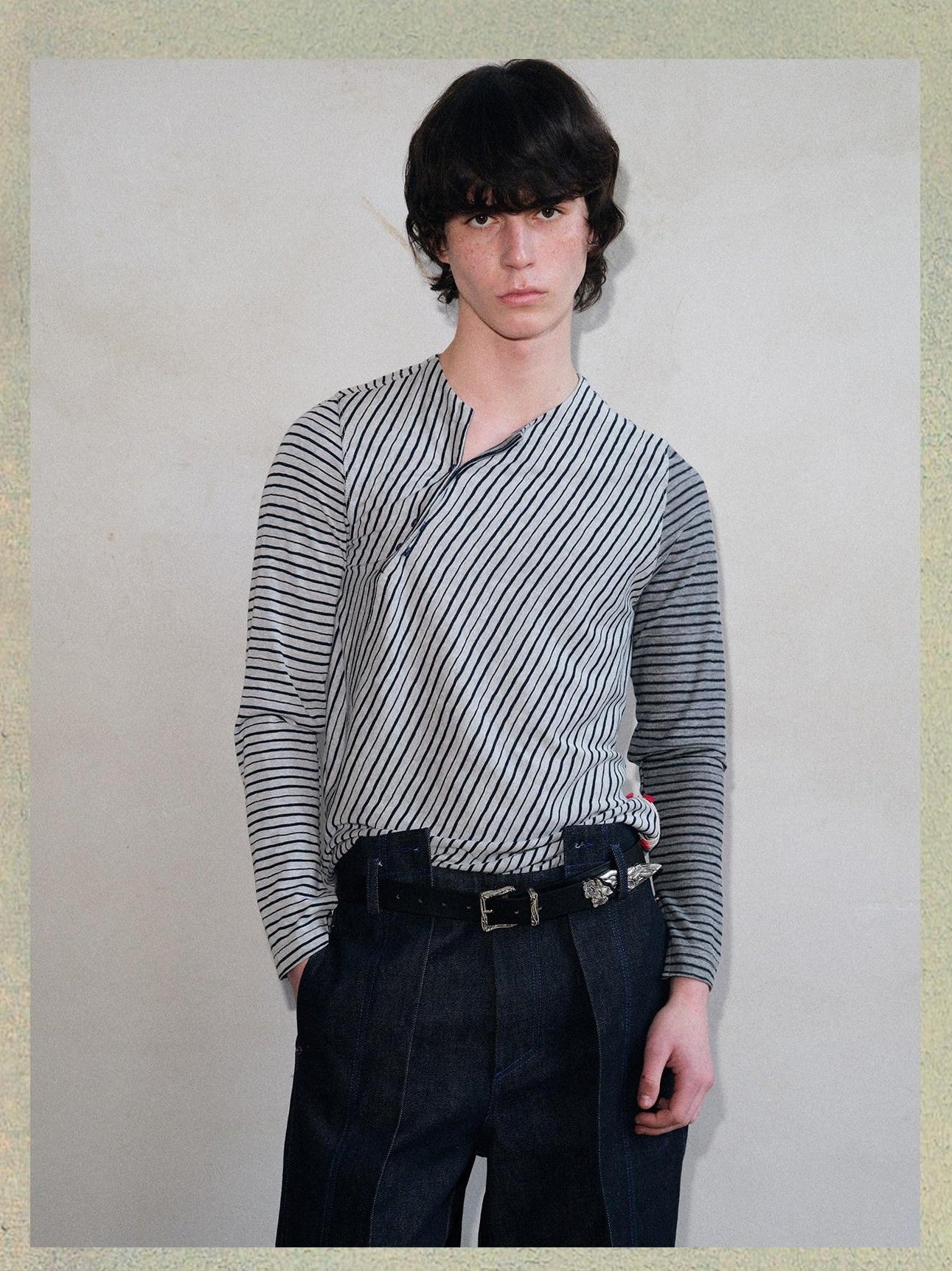soknot Navy Blue Horizontal Stripe Asymmetric Placket Men's Long Sleeve T-shirts