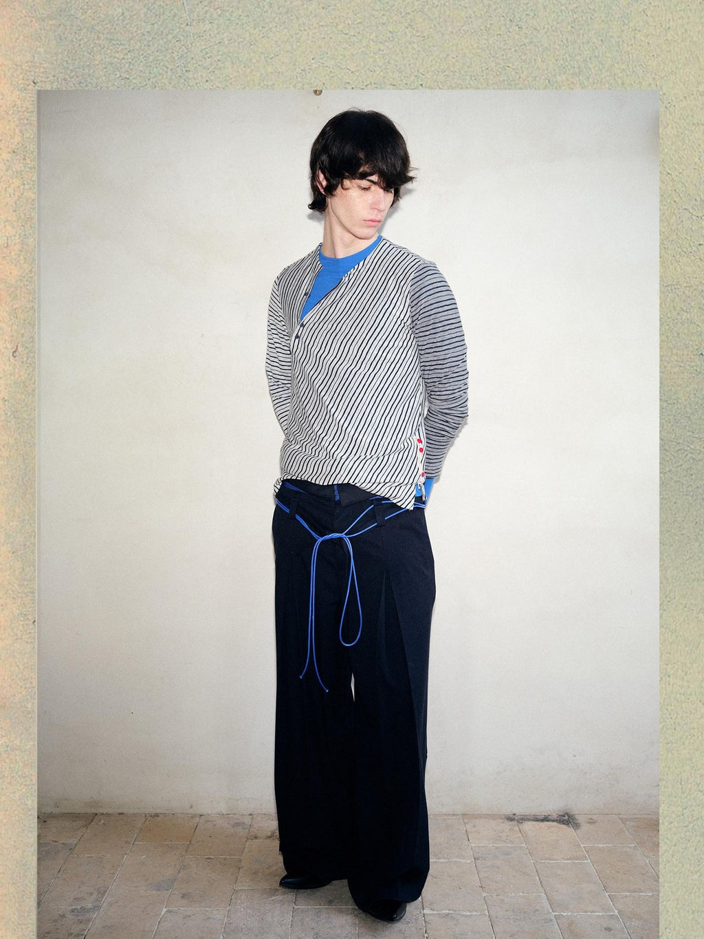 soknot Navy Blue Horizontal Stripe Asymmetric Placket Men's Long Sleeve T-shirts