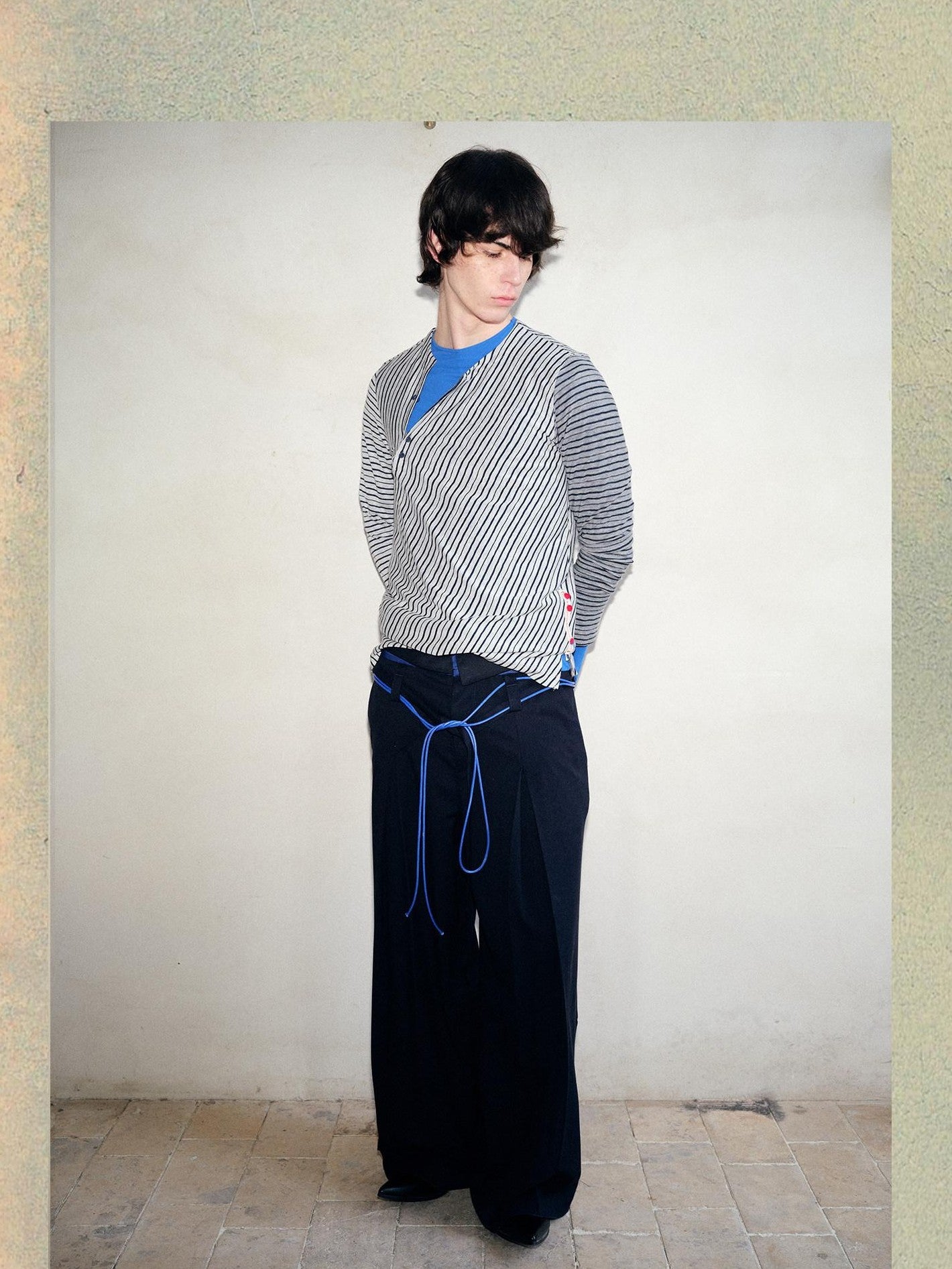 soknot Navy Blue Horizontal Stripe Asymmetric Placket Men's Long Sleeve T-shirts