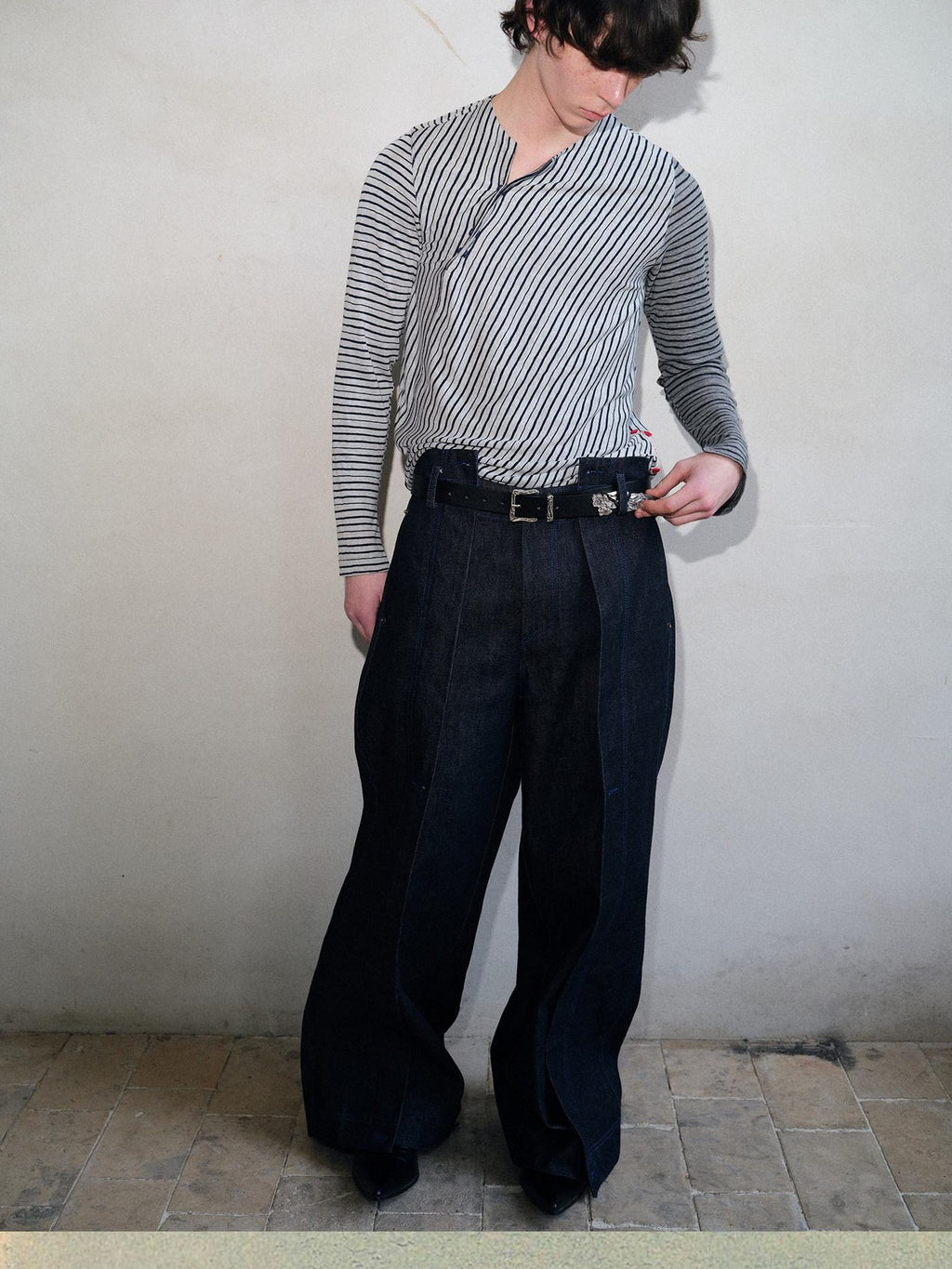 soknot Navy Blue Horizontal Stripe Asymmetric Placket Men's Long Sleeve T-shirts