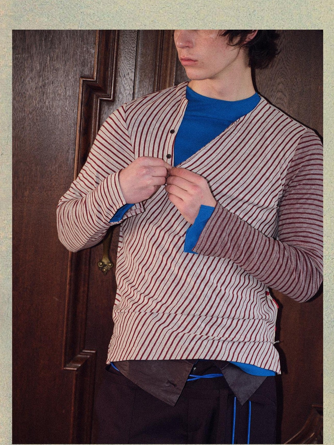 soknot Navy Blue Horizontal Stripe Asymmetric Placket Men's Long Sleeve T-shirts