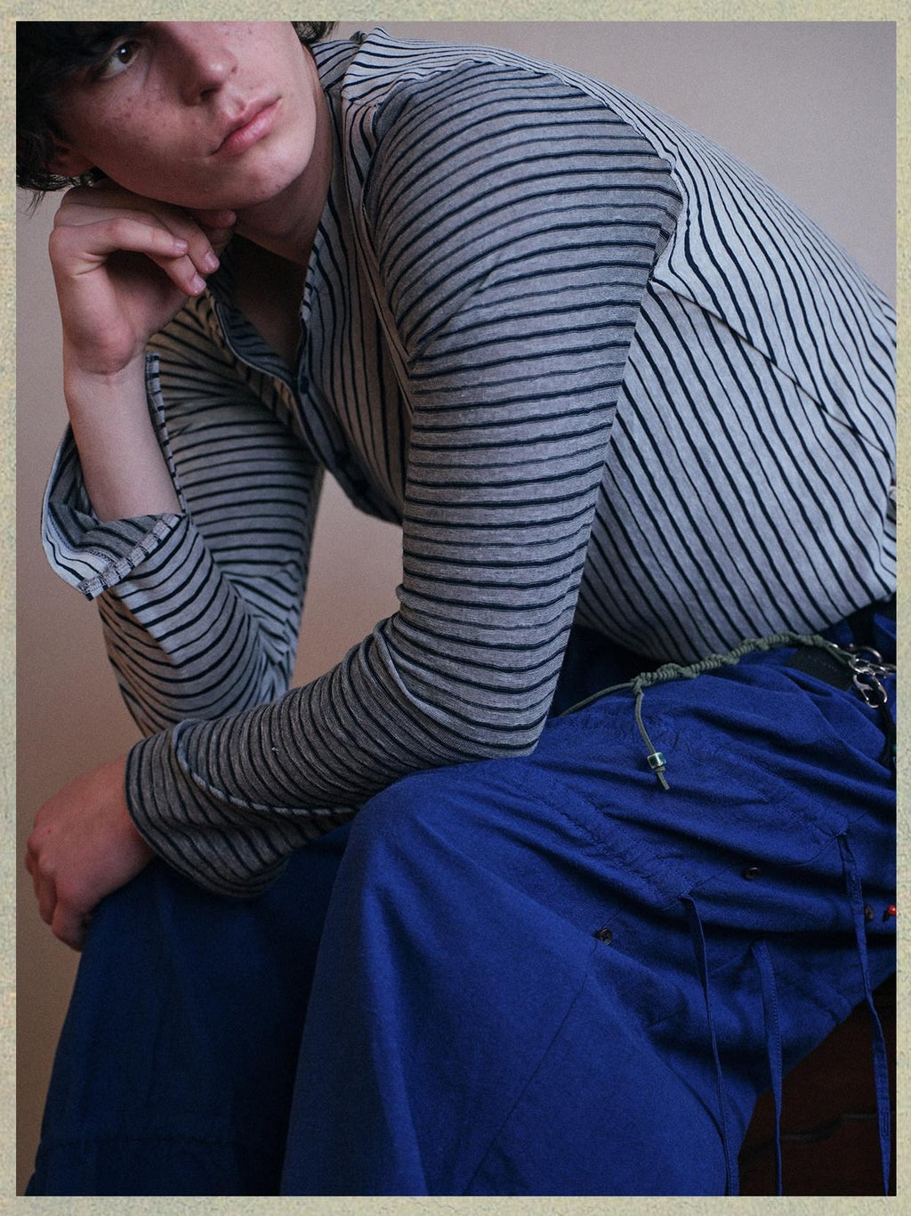 soknot Navy Blue Horizontal Stripe Asymmetric Placket Men's Long Sleeve T-shirts