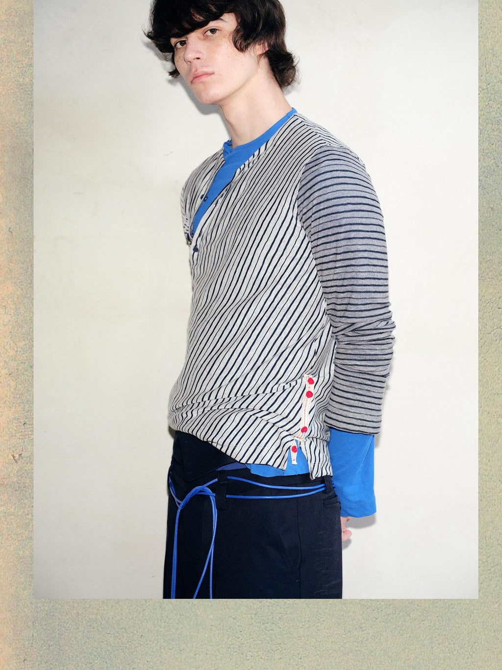 soknot Navy Blue Horizontal Stripe Asymmetric Placket Men's Long Sleeve T-shirts