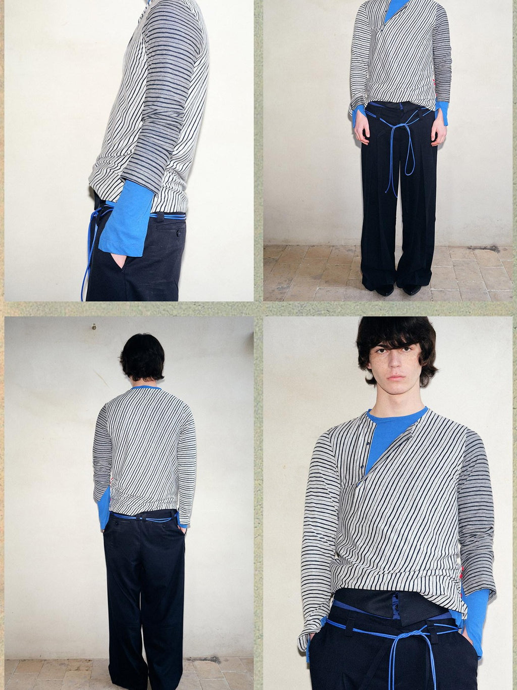 soknot Navy Blue Horizontal Stripe Asymmetric Placket Men's Long Sleeve T-shirts