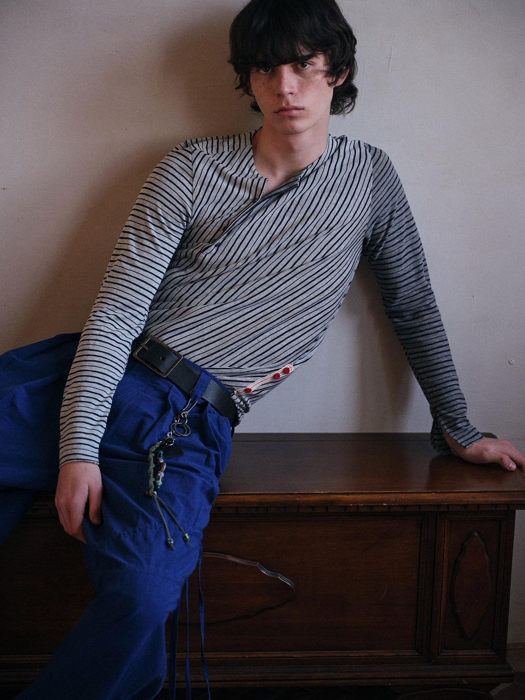 soknot Navy Blue Horizontal Stripe Asymmetric Placket Men's Long Sleeve T-shirts