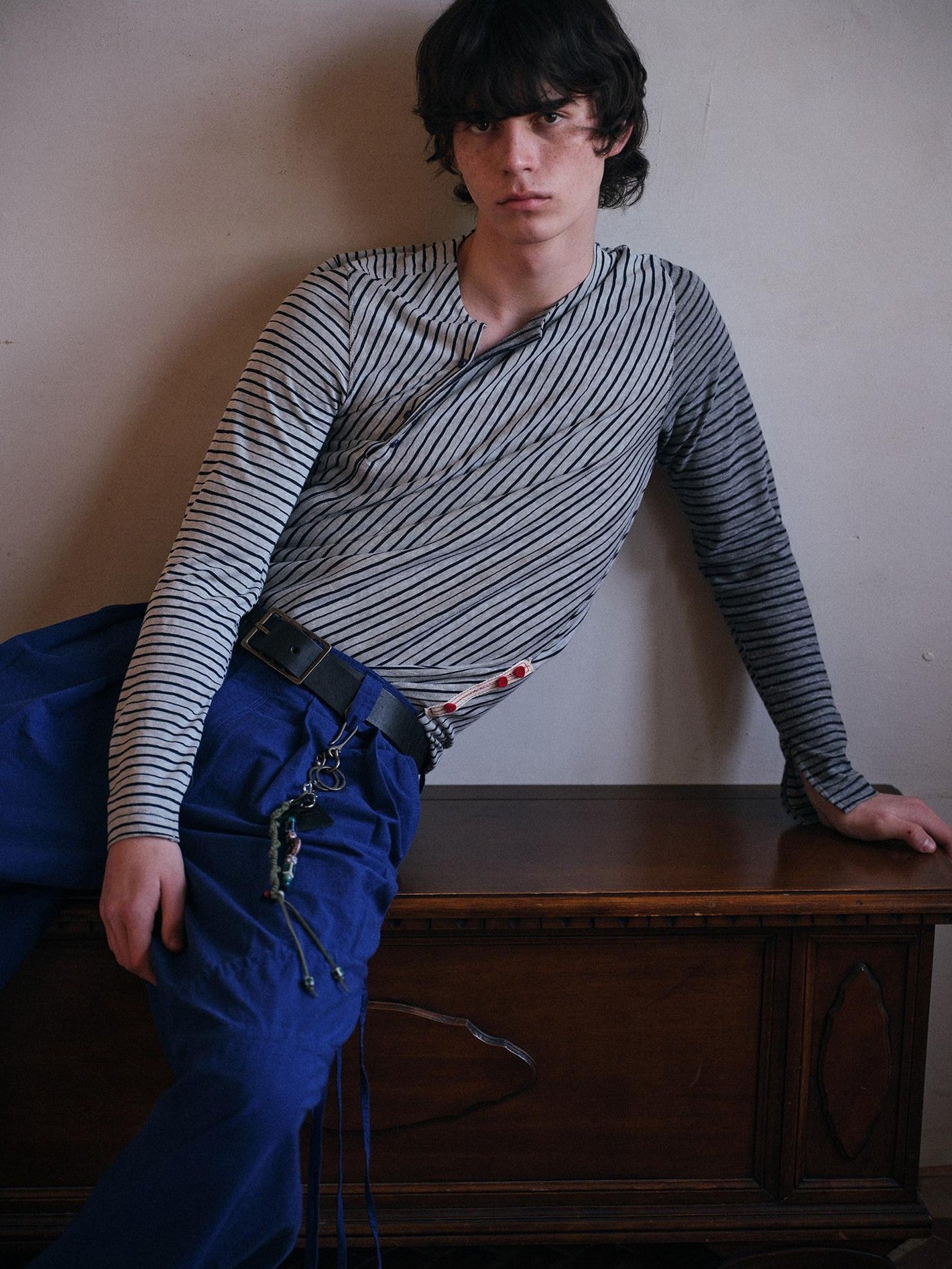 soknot Navy Blue Horizontal Stripe Asymmetric Placket Men's Long Sleeve T-shirts