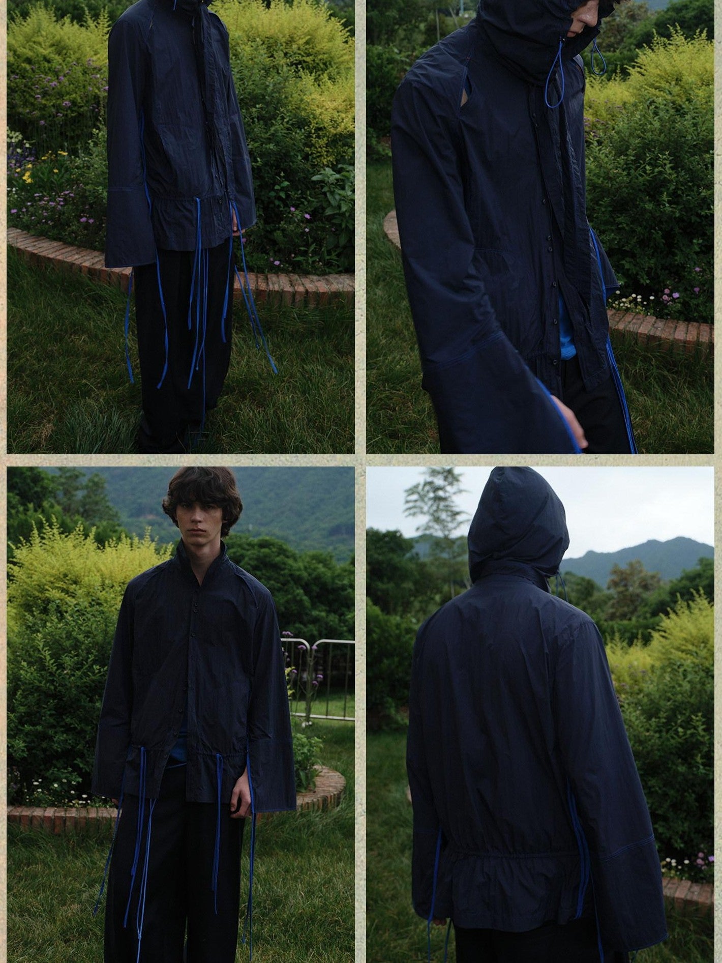 soknot Navy Blue Indie Designer Detachable Hood Men's Long Sleeve Rash Guards