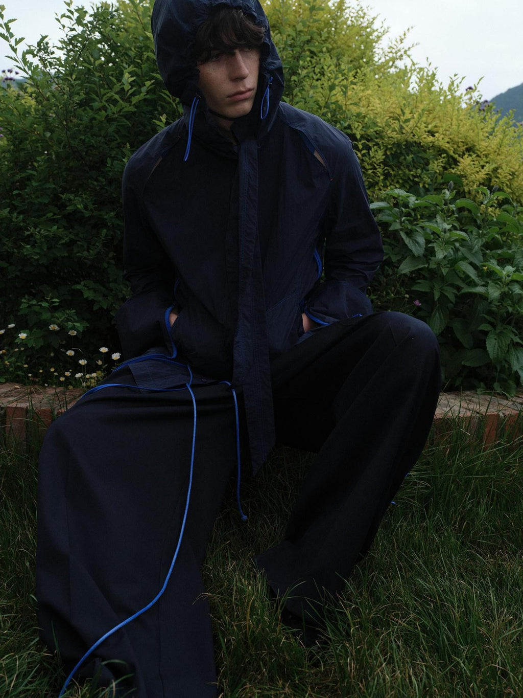 soknot Navy Blue Indie Designer Detachable Hood Men's Long Sleeve Rash Guards