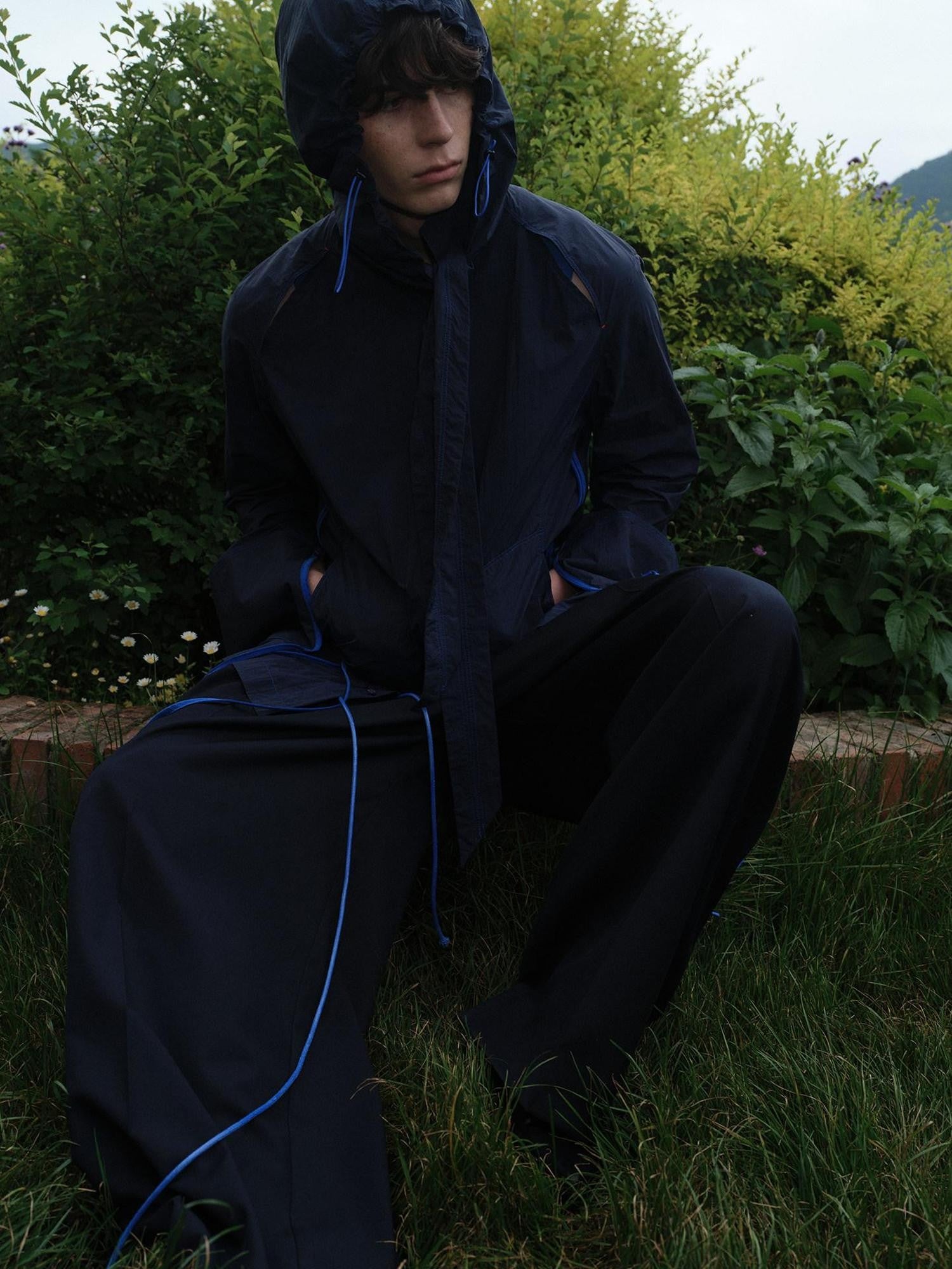 soknot Navy Blue Indie Designer Detachable Hood Men's Long Sleeve Rash Guards