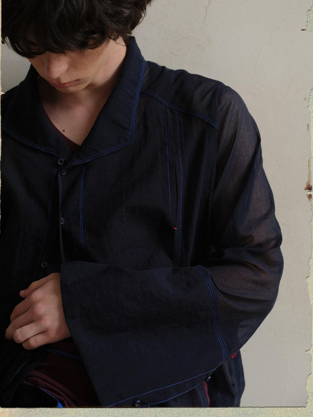soknot Navy Oversized Asymmetrical Placket Sheer Men's Mesh Long Sleeve T-shirts