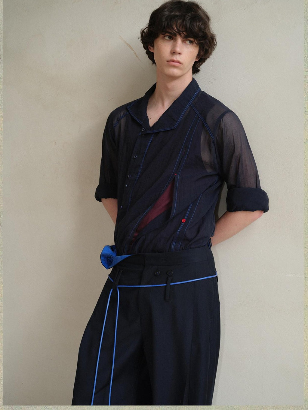 soknot Navy Oversized Asymmetrical Placket Sheer Men's Mesh Long Sleeve T-shirts