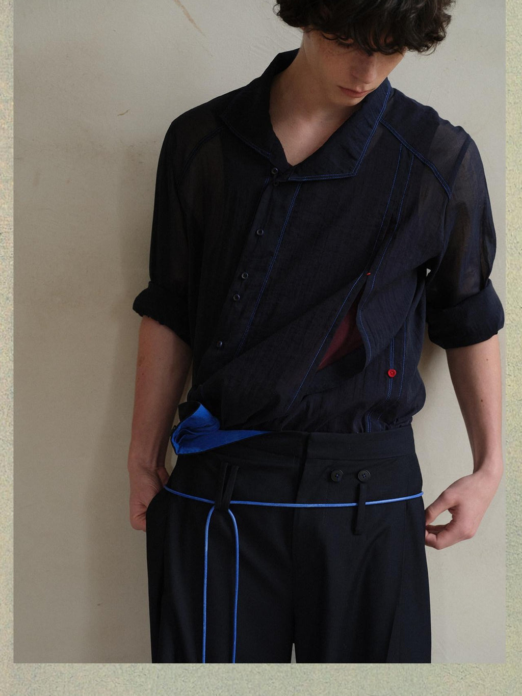 soknot Navy Oversized Asymmetrical Placket Sheer Men's Mesh Long Sleeve T-shirts
