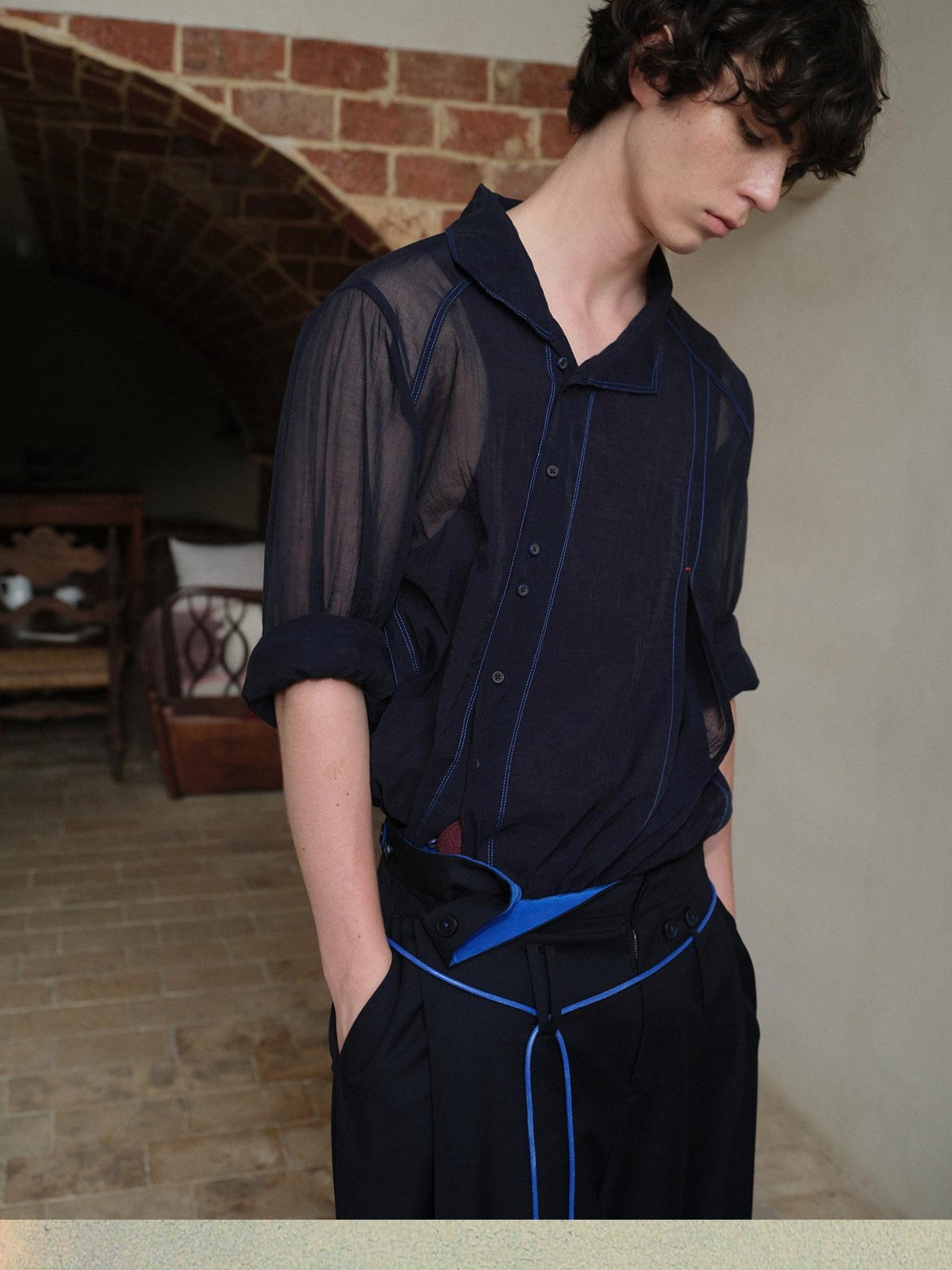 soknot Navy Oversized Asymmetrical Placket Sheer Men's Mesh Long Sleeve T-shirts