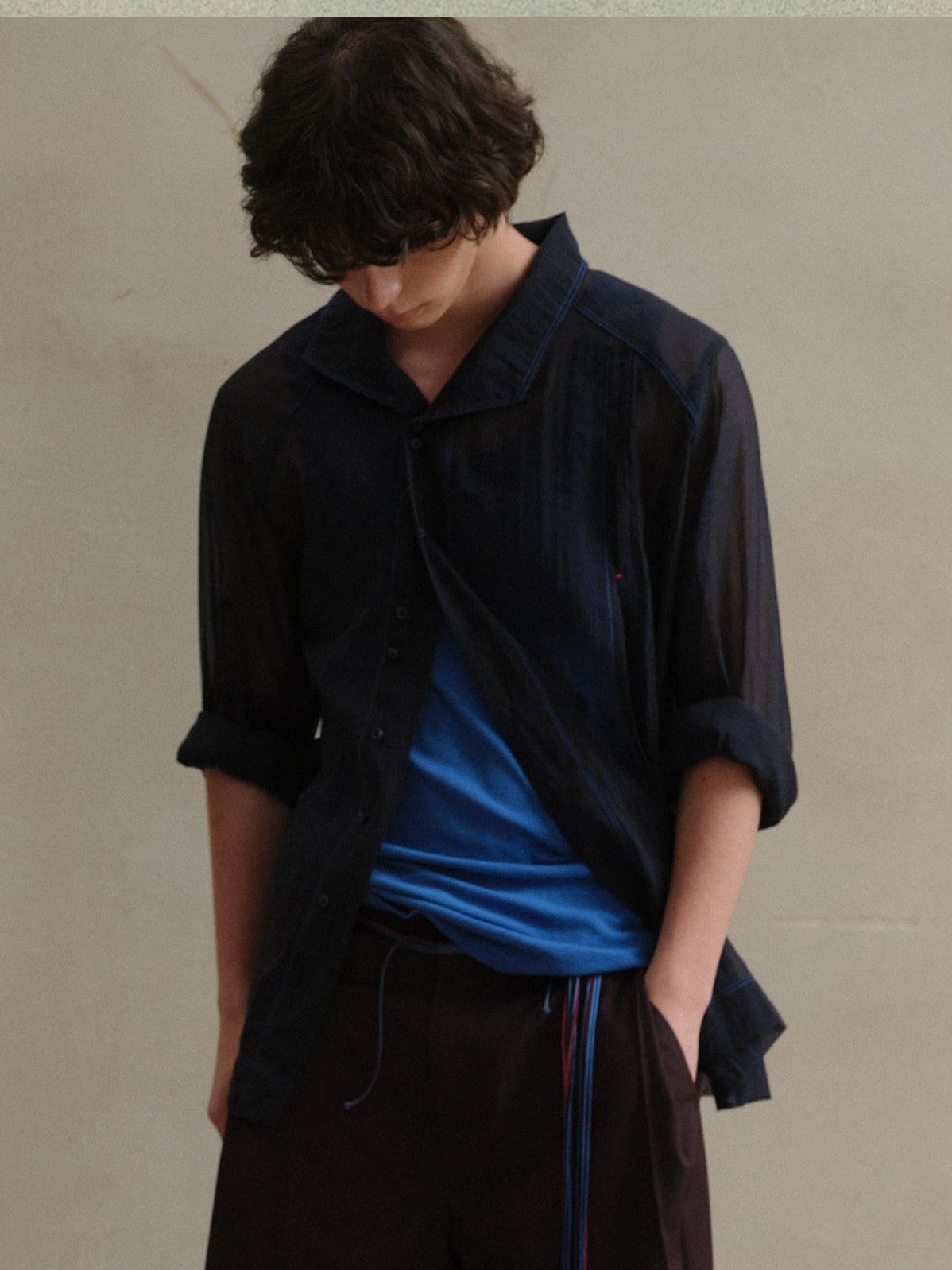 soknot Navy Oversized Asymmetrical Placket Sheer Men's Mesh Long Sleeve T-shirts