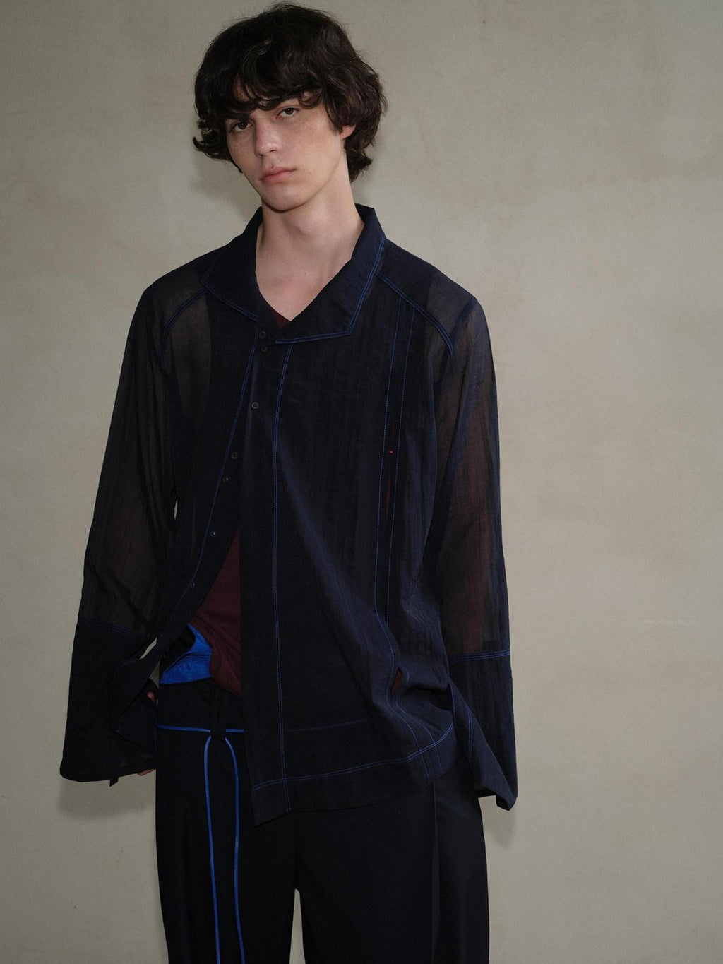 soknot Navy Oversized Asymmetrical Placket Sheer Men's Mesh Long Sleeve T-shirts