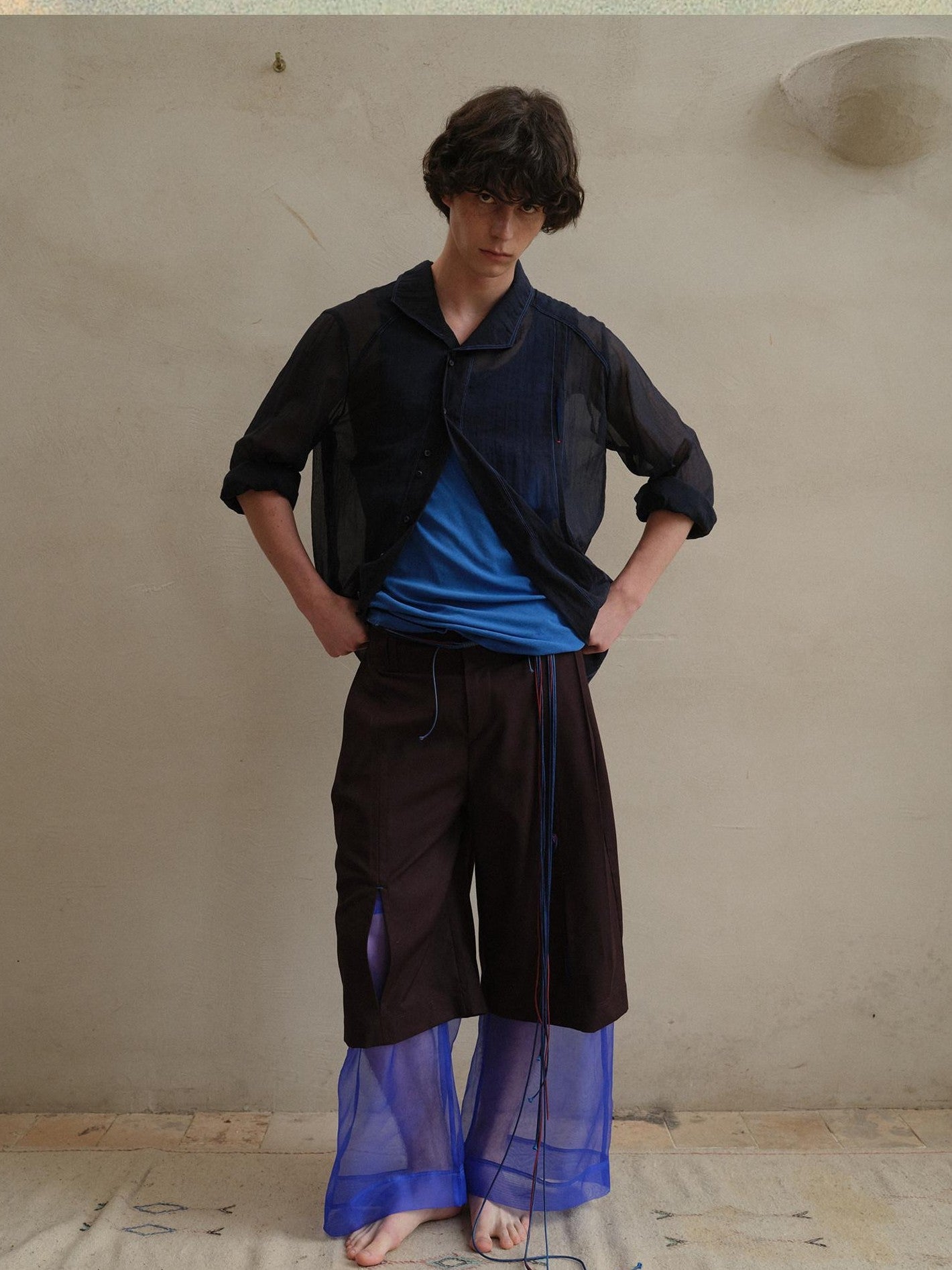 soknot Navy Oversized Asymmetrical Placket Sheer Men's Mesh Long Sleeve T-shirts