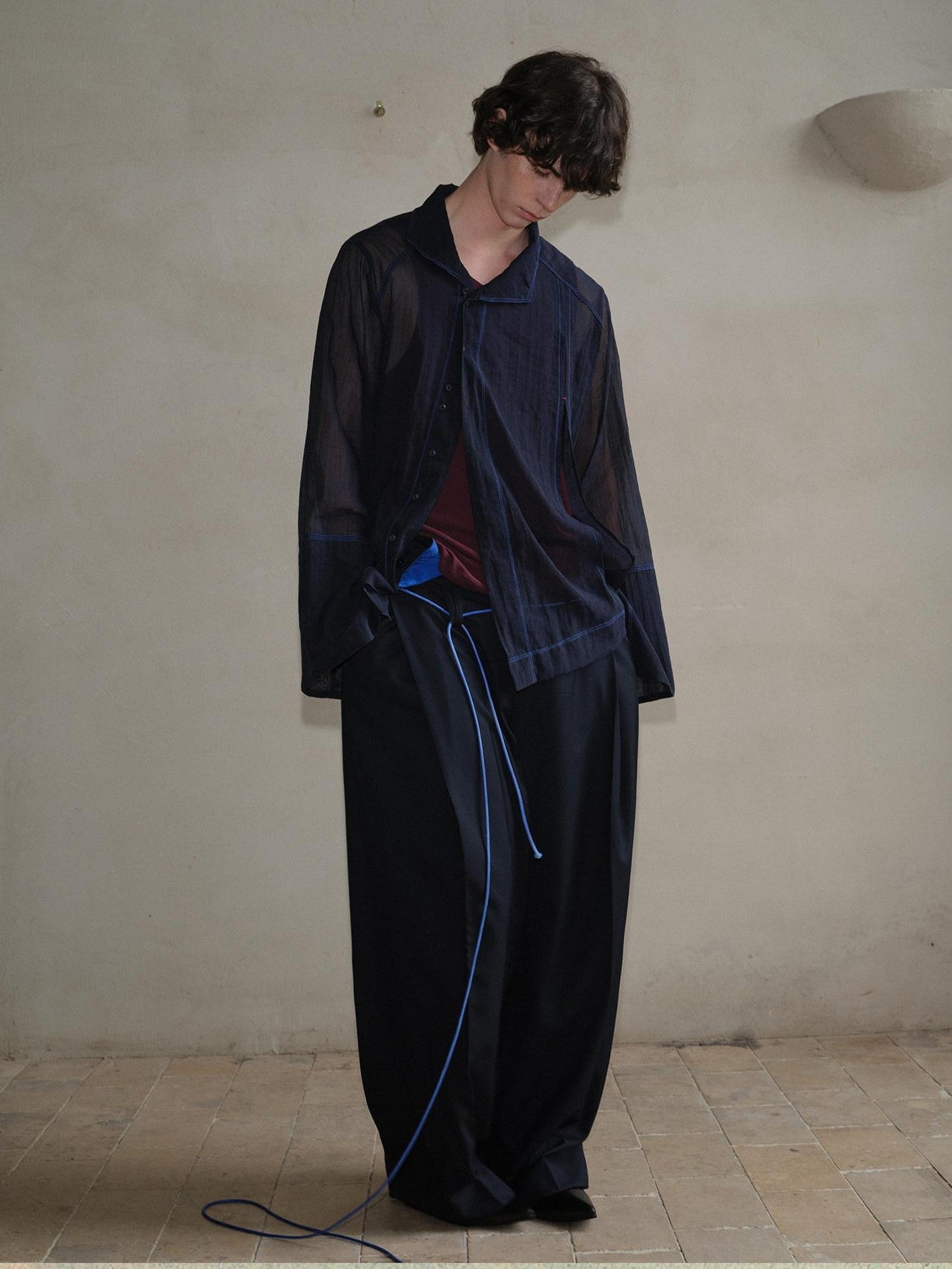 soknot Navy Oversized Asymmetrical Placket Sheer Men's Mesh Long Sleeve T-shirts