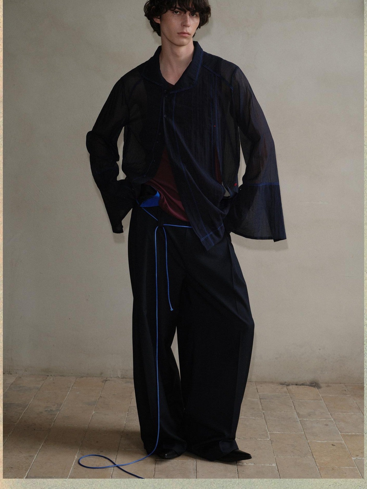 soknot Navy Oversized Asymmetrical Placket Sheer Men's Mesh Long Sleeve T-shirts