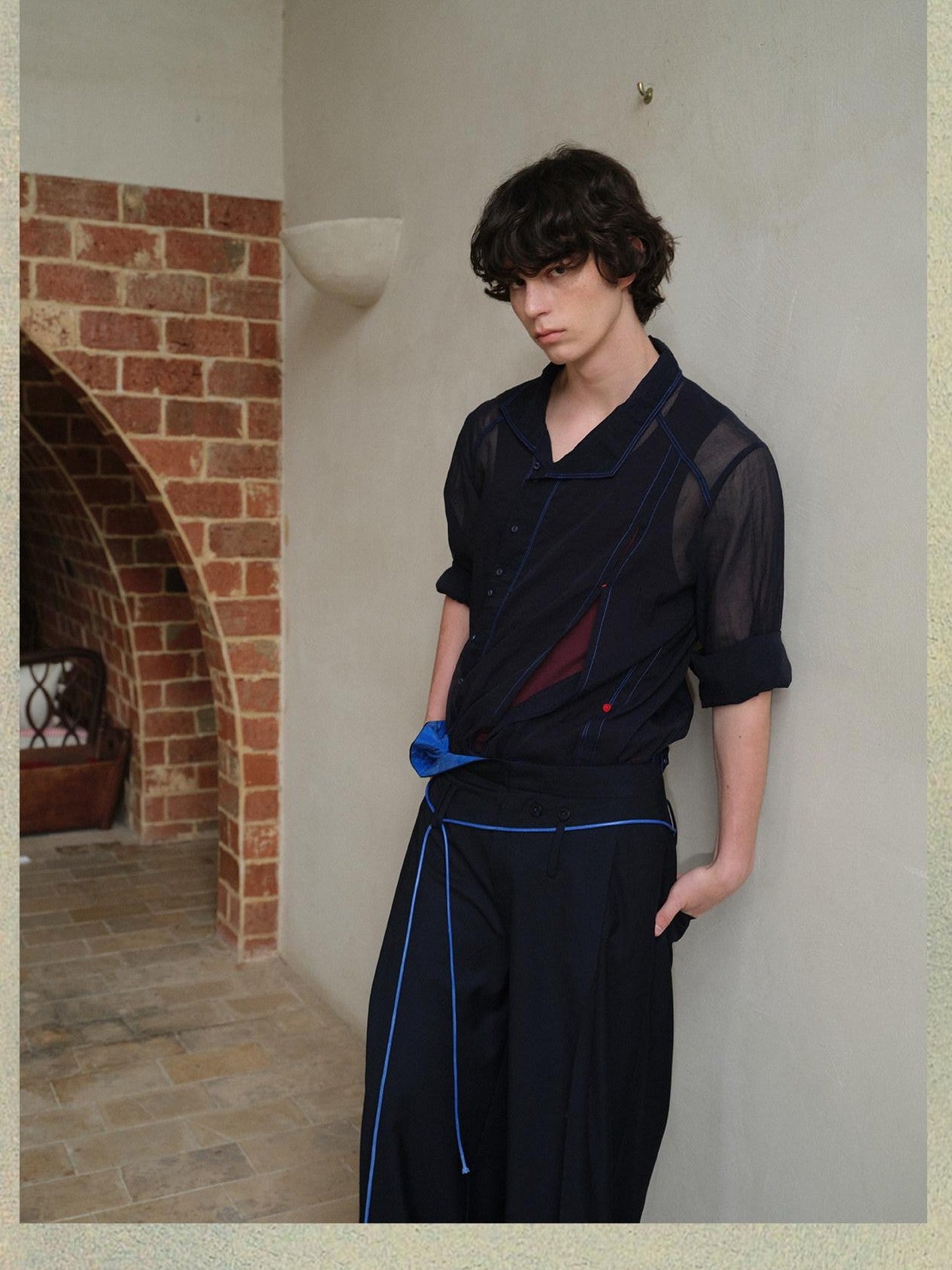 soknot Navy Oversized Asymmetrical Placket Sheer Men's Mesh Long Sleeve T-shirts